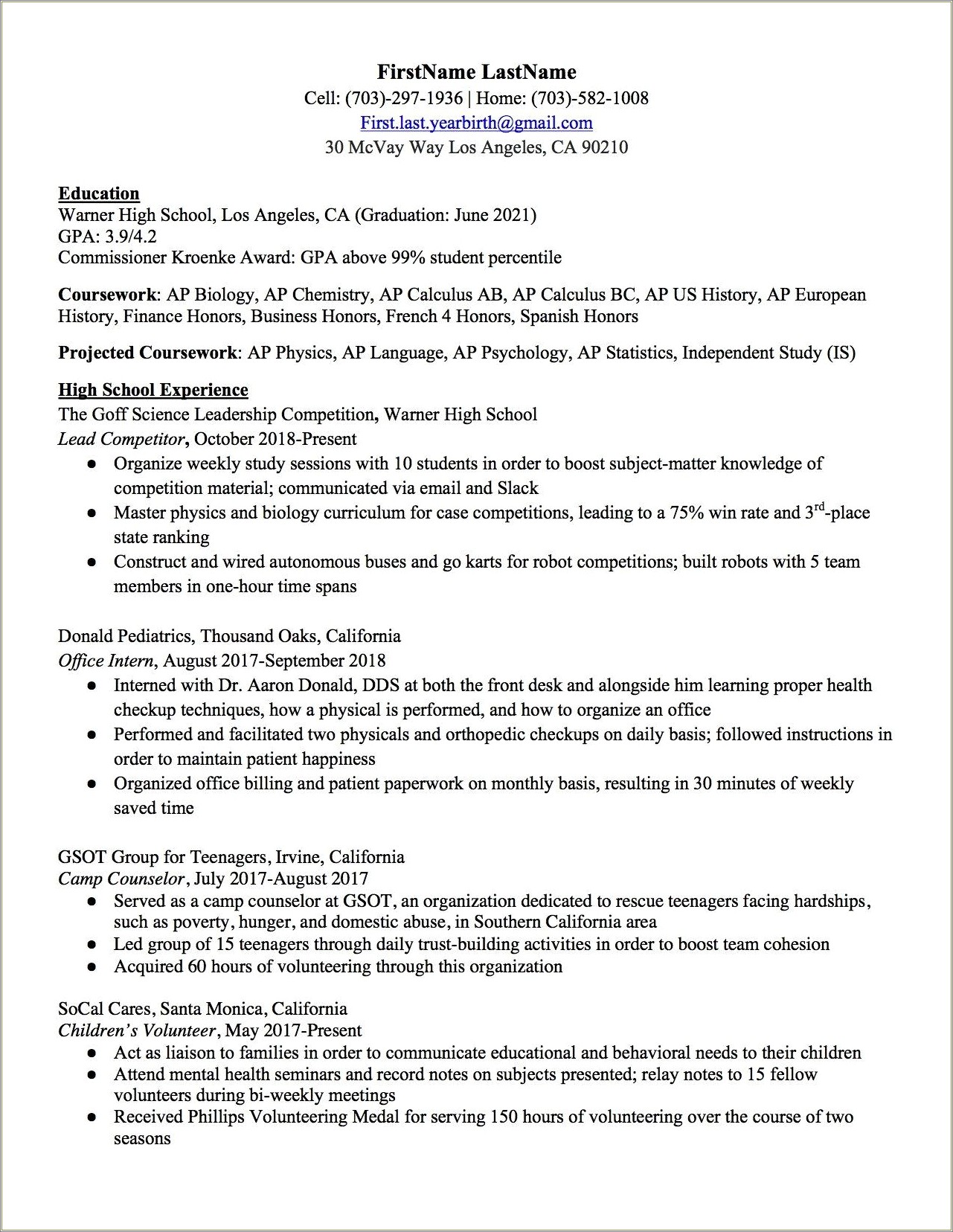 Sample Of Resume For Highschool Graduate