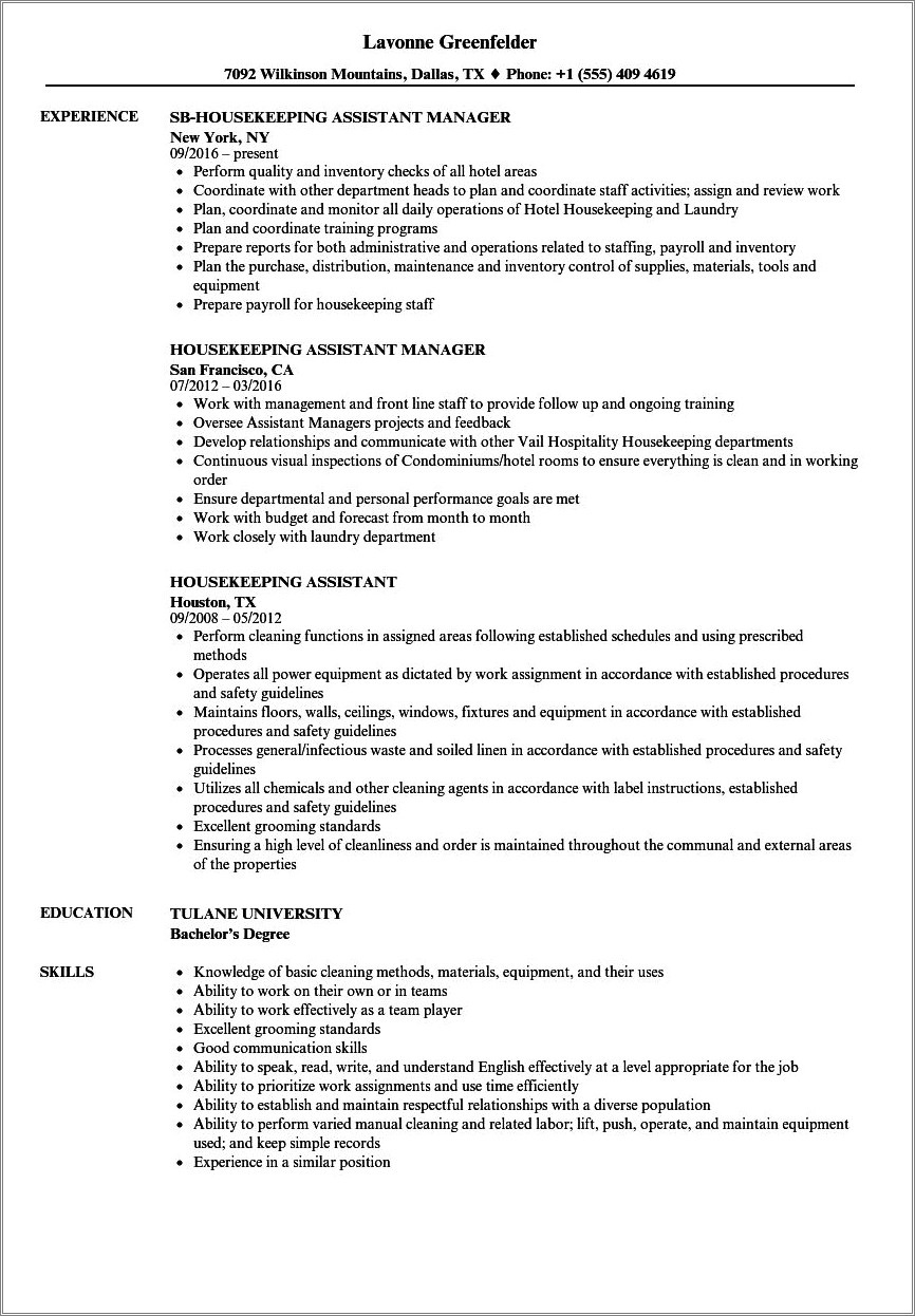 Sample Of Resume For Housekeeping Supervisor