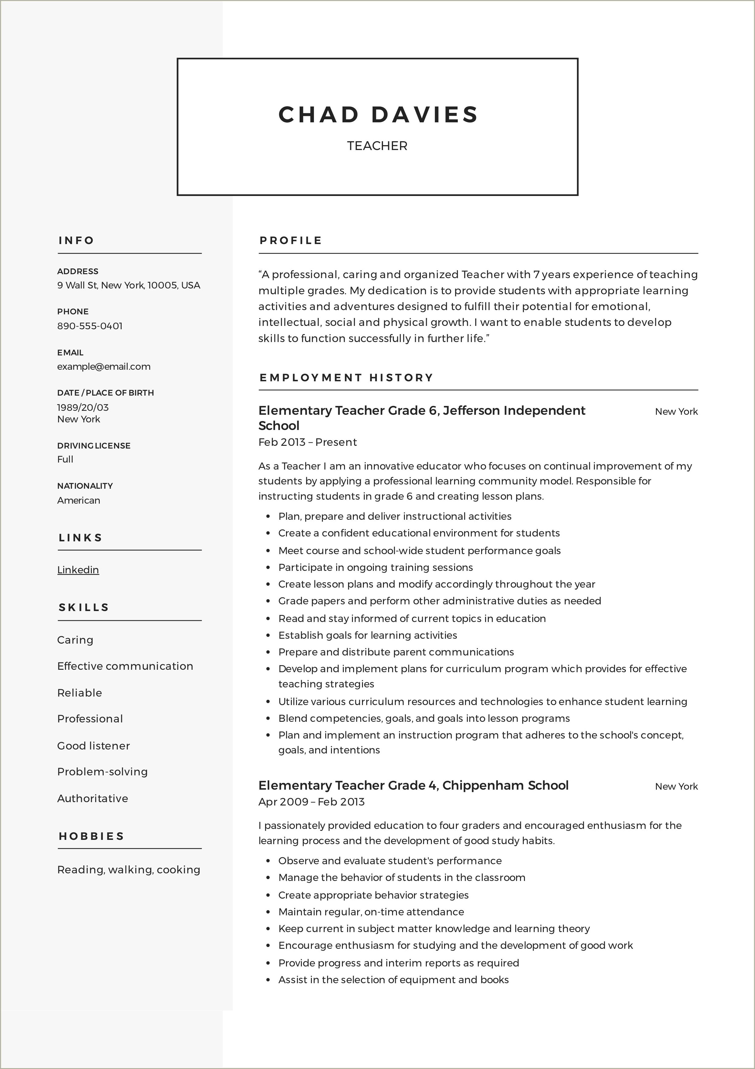 Sample Of Resume For Job Application For Teacher