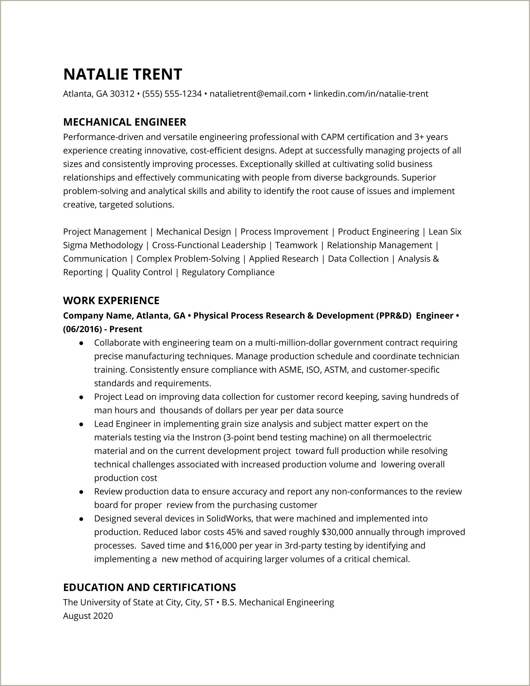 Sample Of Resume For Mechanical Engineering Undergraduate