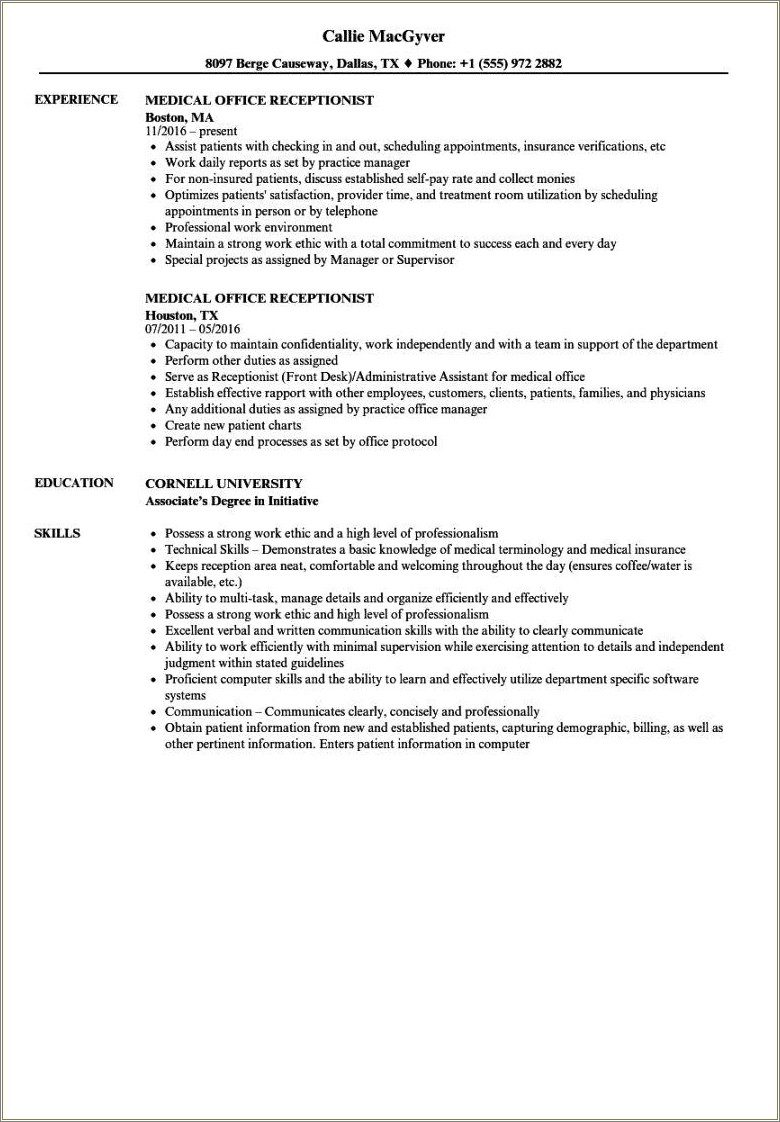 Sample Of Resume For Medical Receptionist