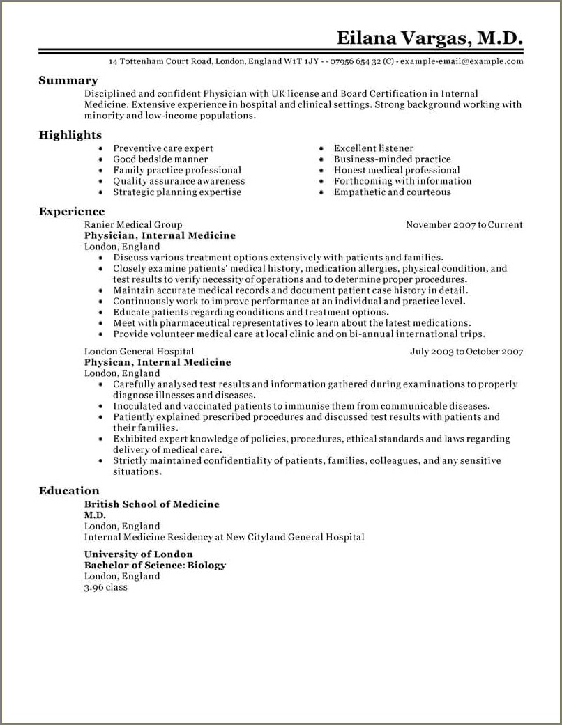 Sample Of Resume For Primary Care Doctor