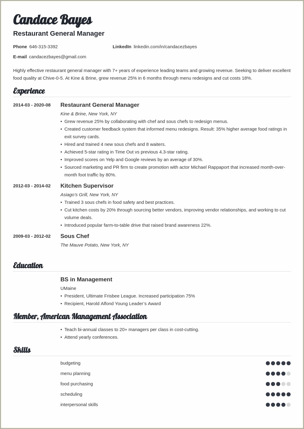 Sample Of Resume For Restaurant Store Manager