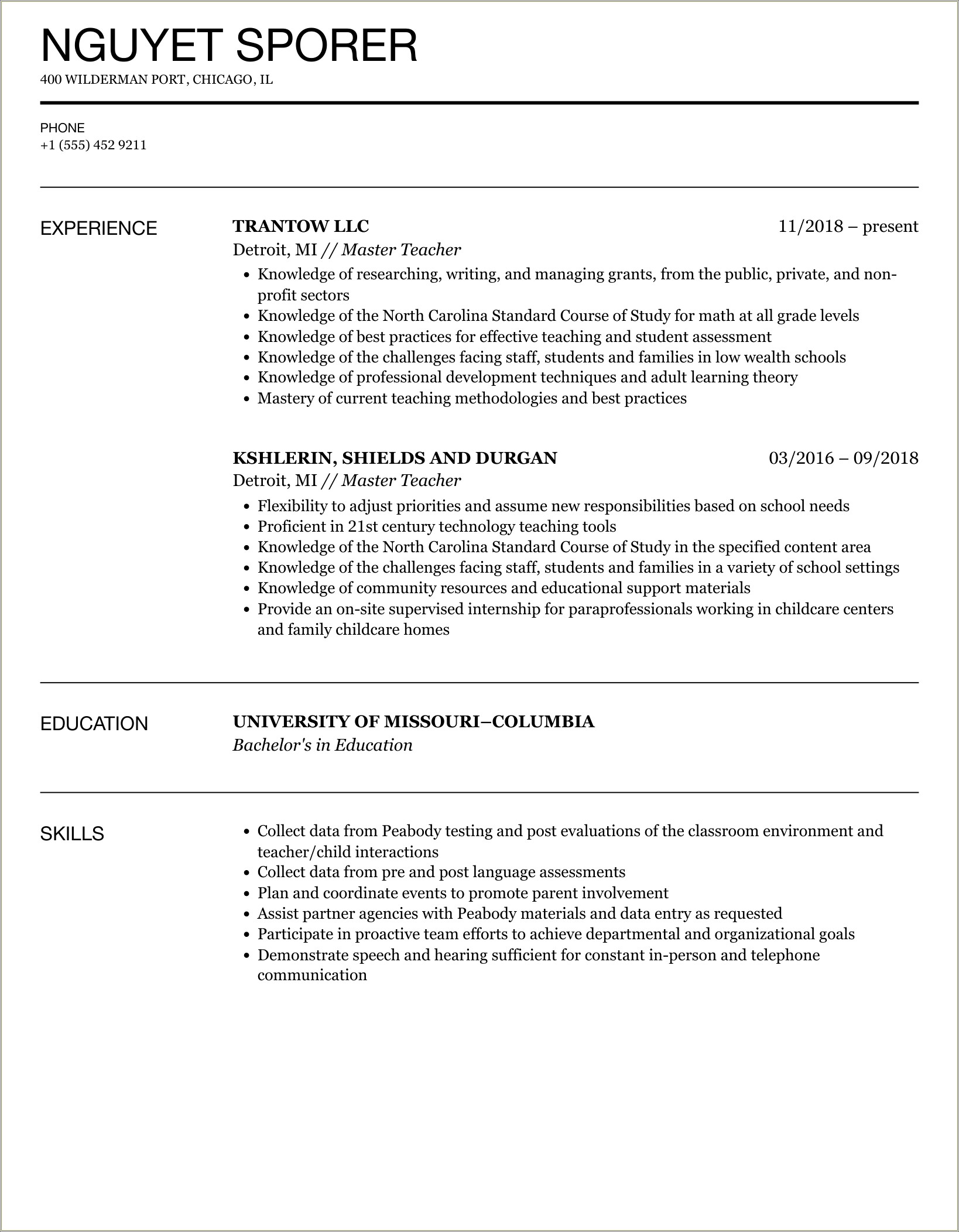 Sample Of Resume For Teachers In Infant Classroom