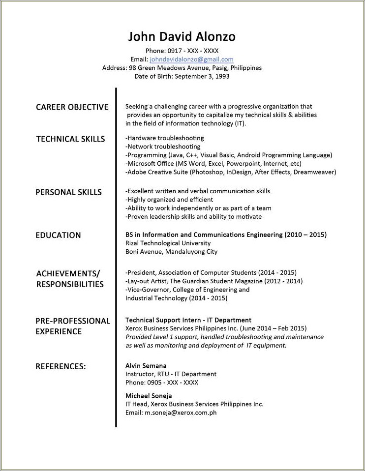 Sample Of Resume Letter In The Philippines