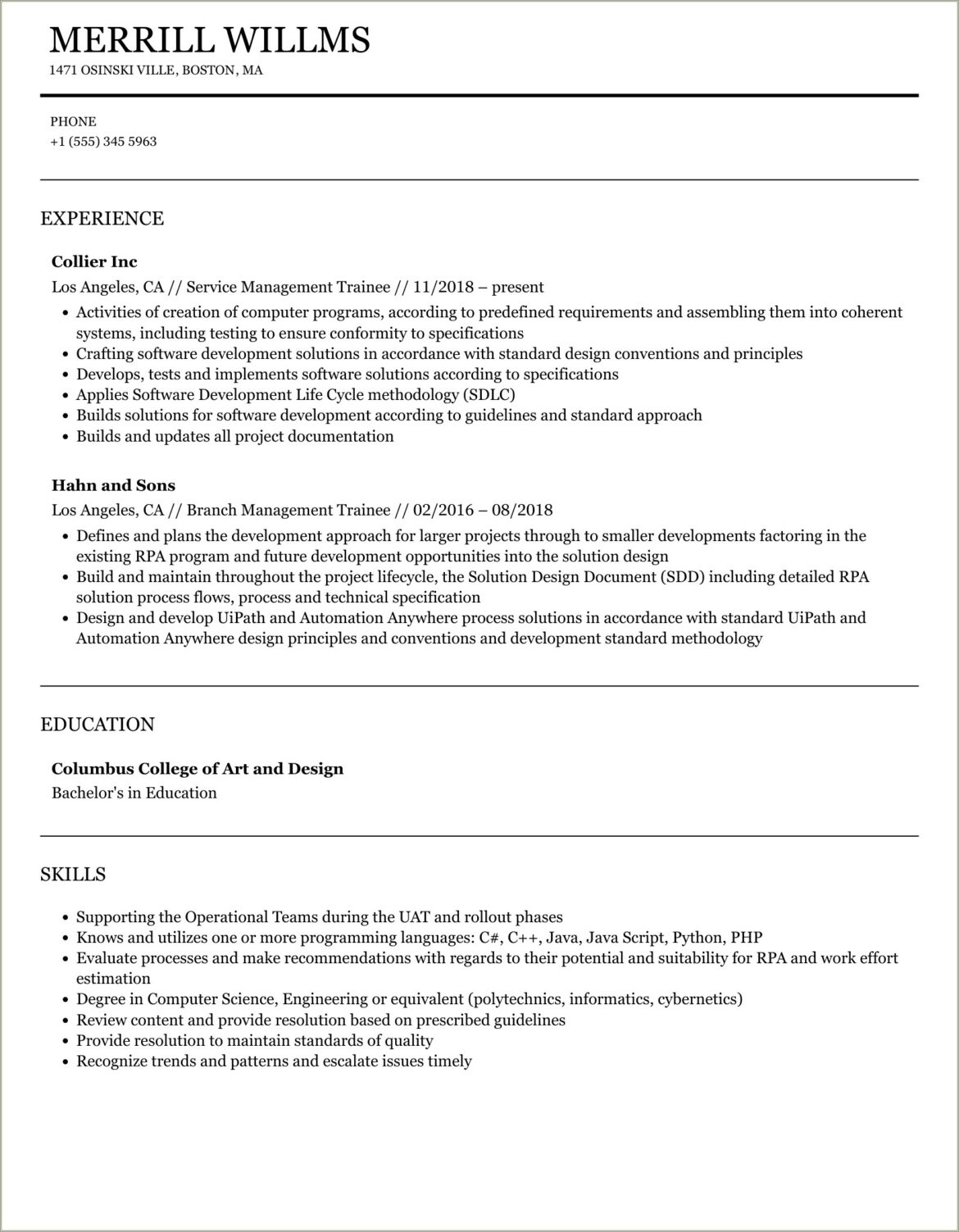 Sample Of Resume Of Chicken Plant Management Trainee