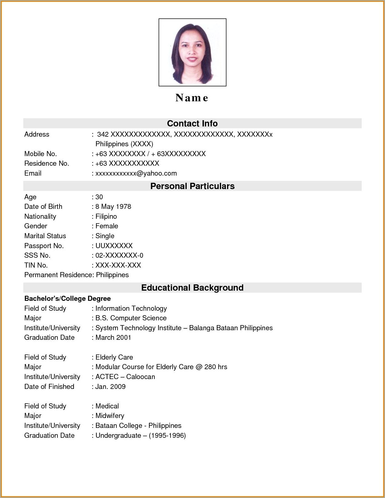 Sample Of Simple Resume In Philippines
