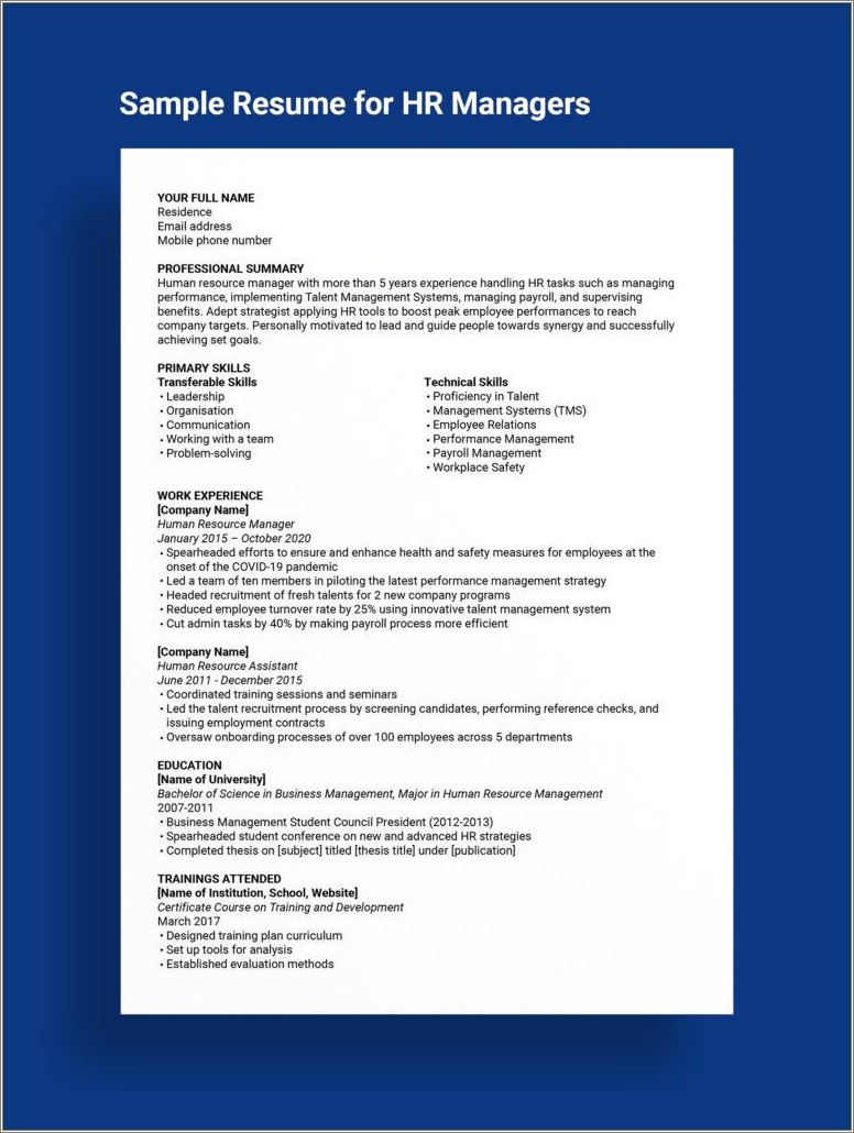 Sample Of Skills In Resume For Hrm