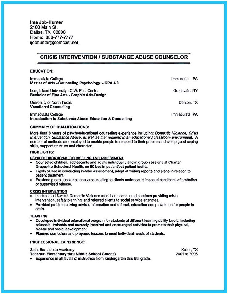 Sample Of Substance Abuse Counselor Resume