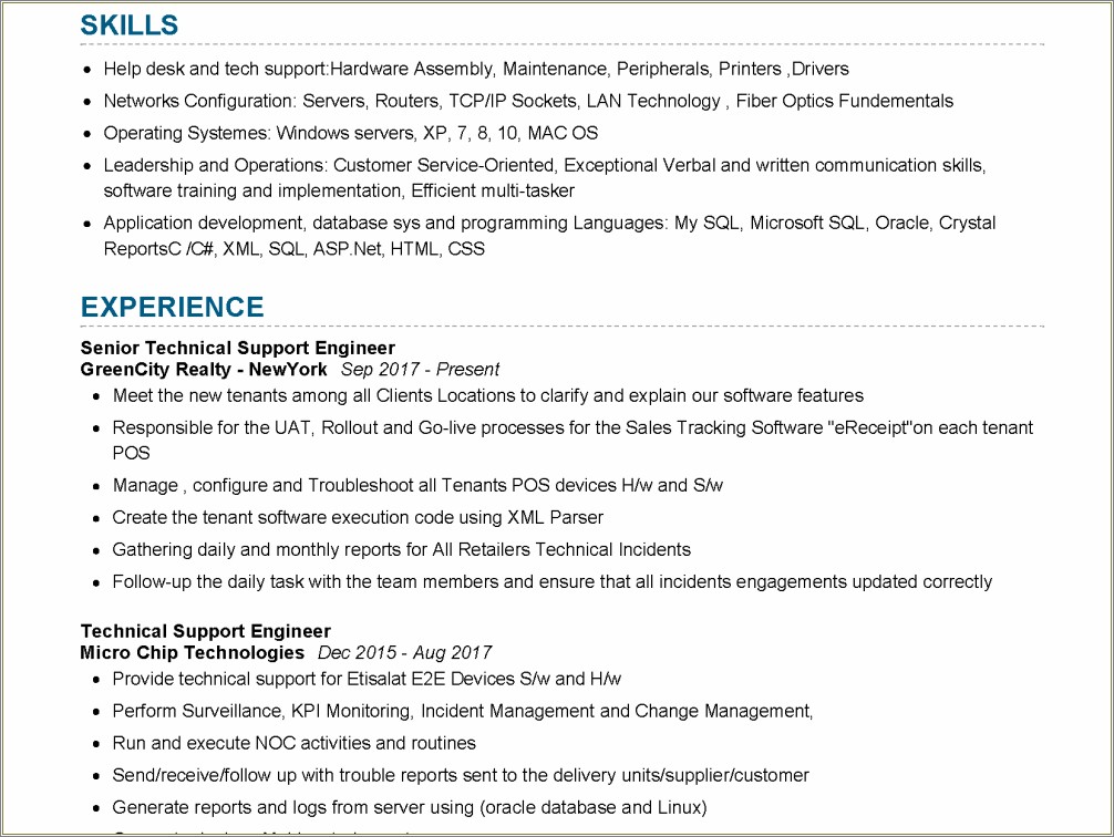 Sample Of Technical Service Engineer Resume