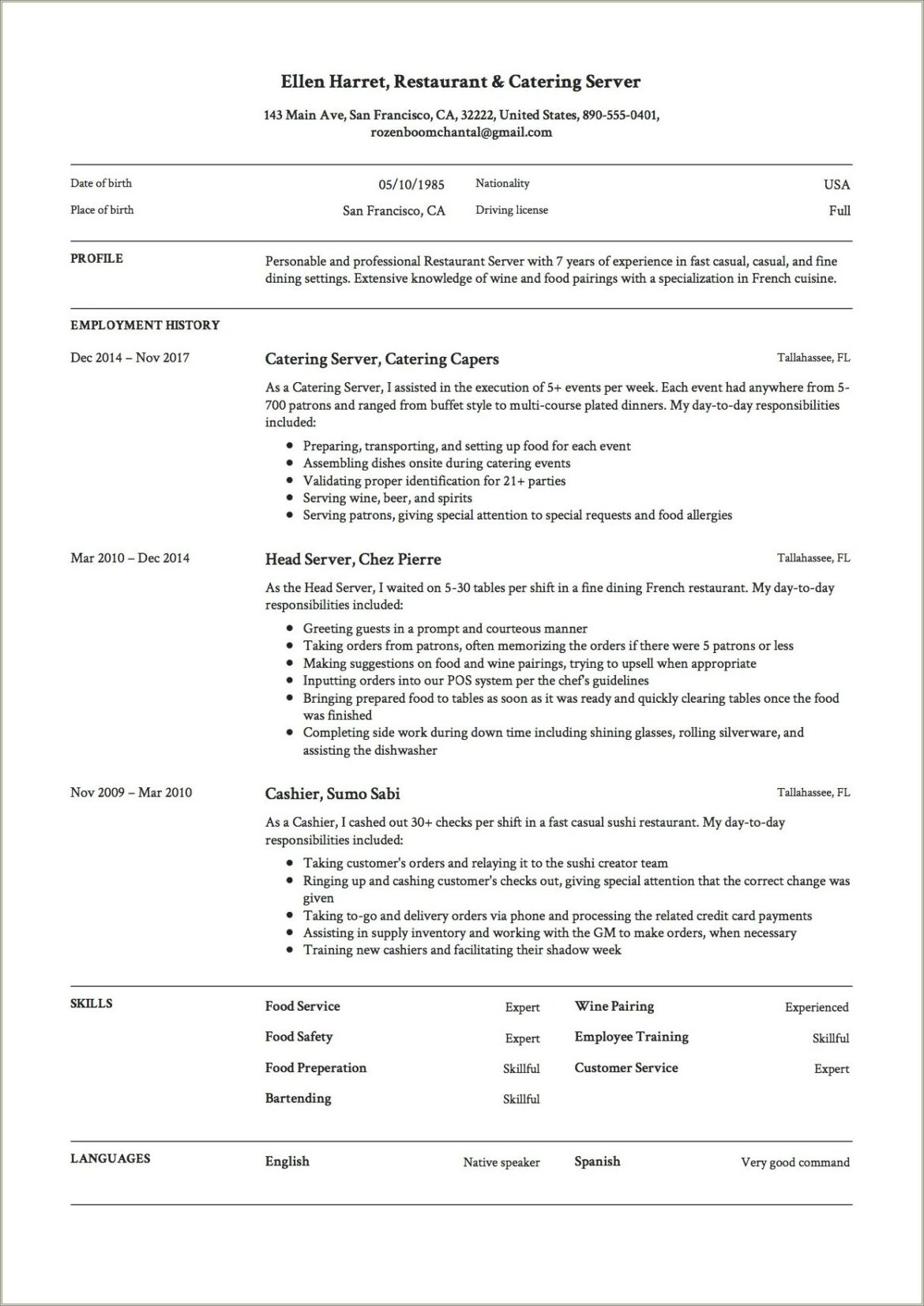 Sample On Servin At Restourant Resume