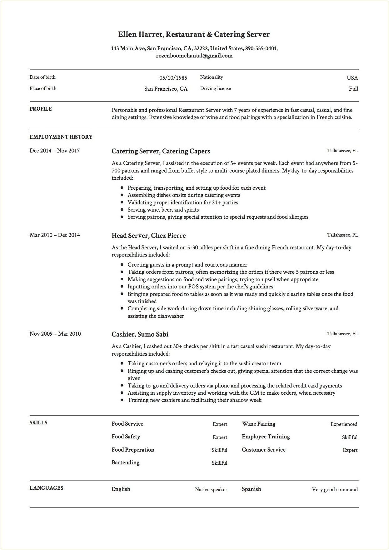 Sample On Servin At Restourant Resume