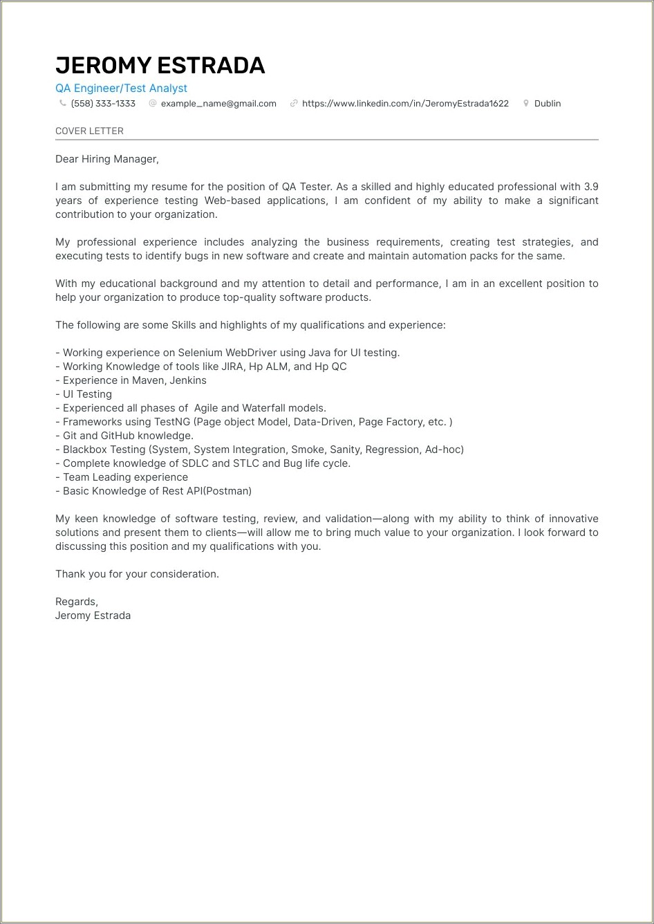 Sample Online Cover Letter With Resume