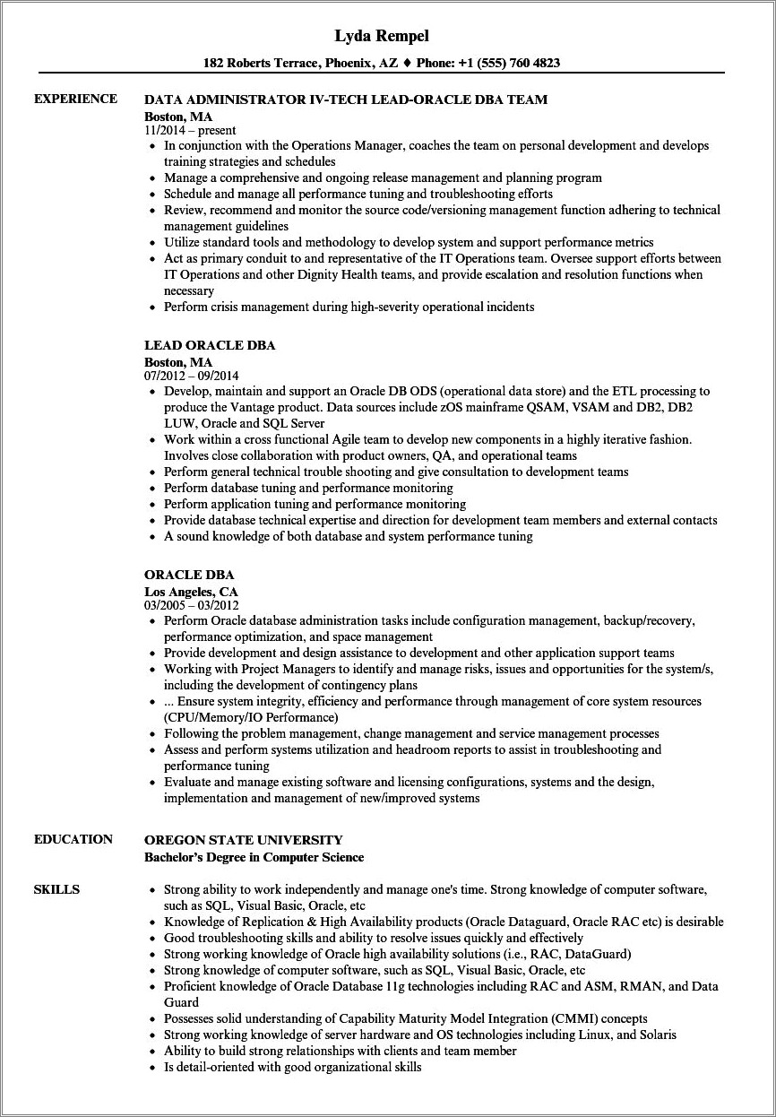 Sample Oracle Dba Resume For Freashers