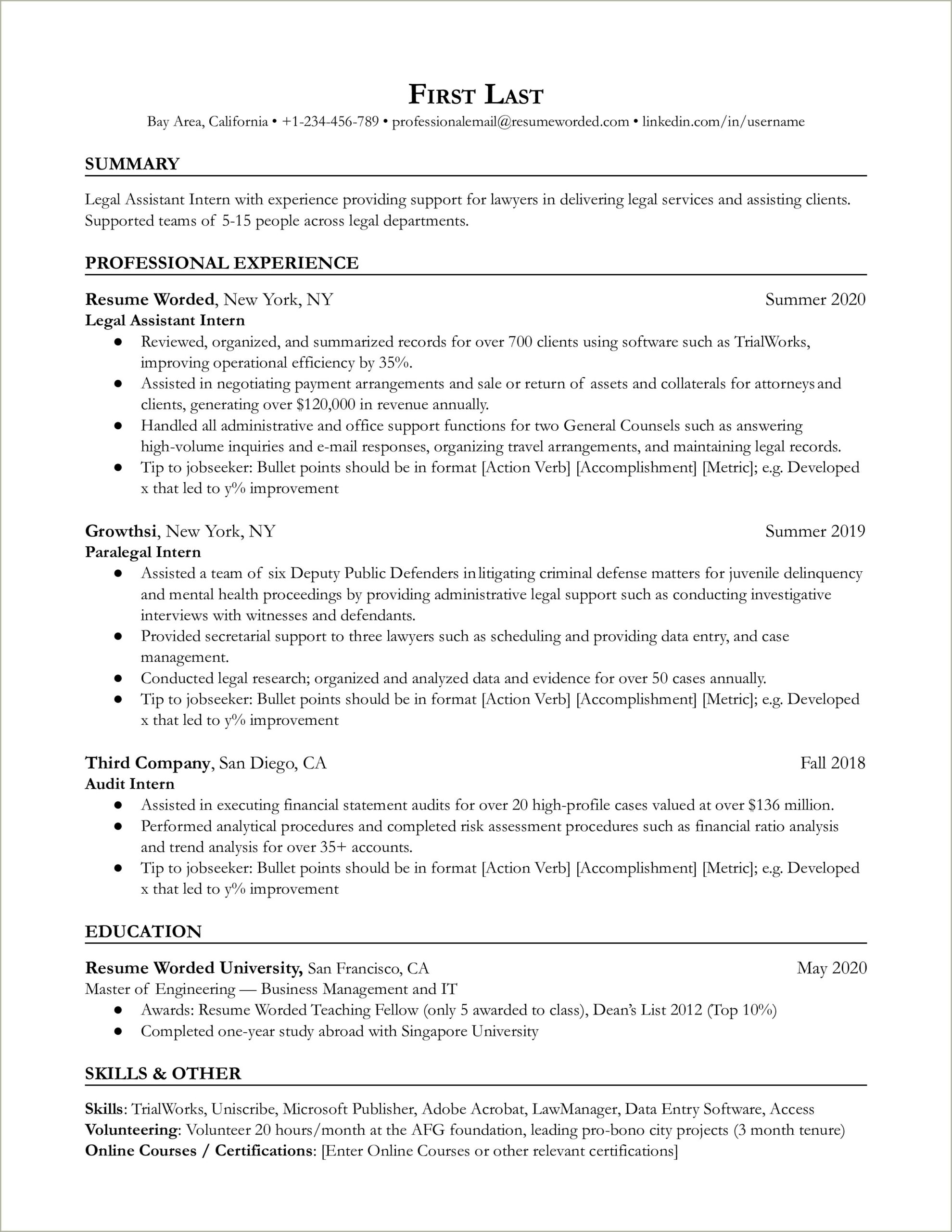 Sample Paralegal Resume With Bullet Points