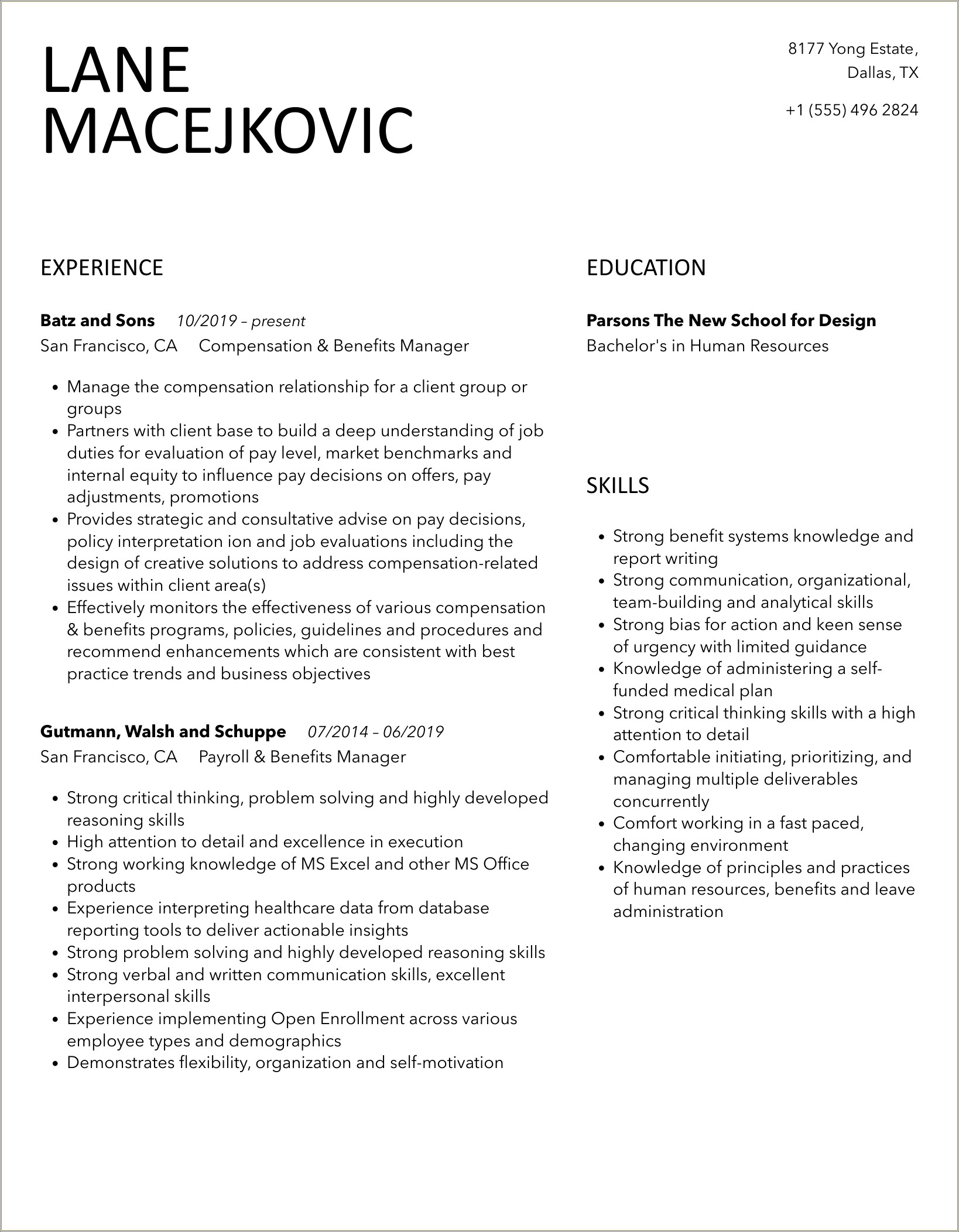 Sample Payroll And Benefits Manager Resume