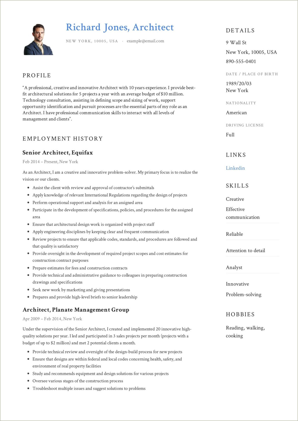 Sample Pdf Resume For Architect