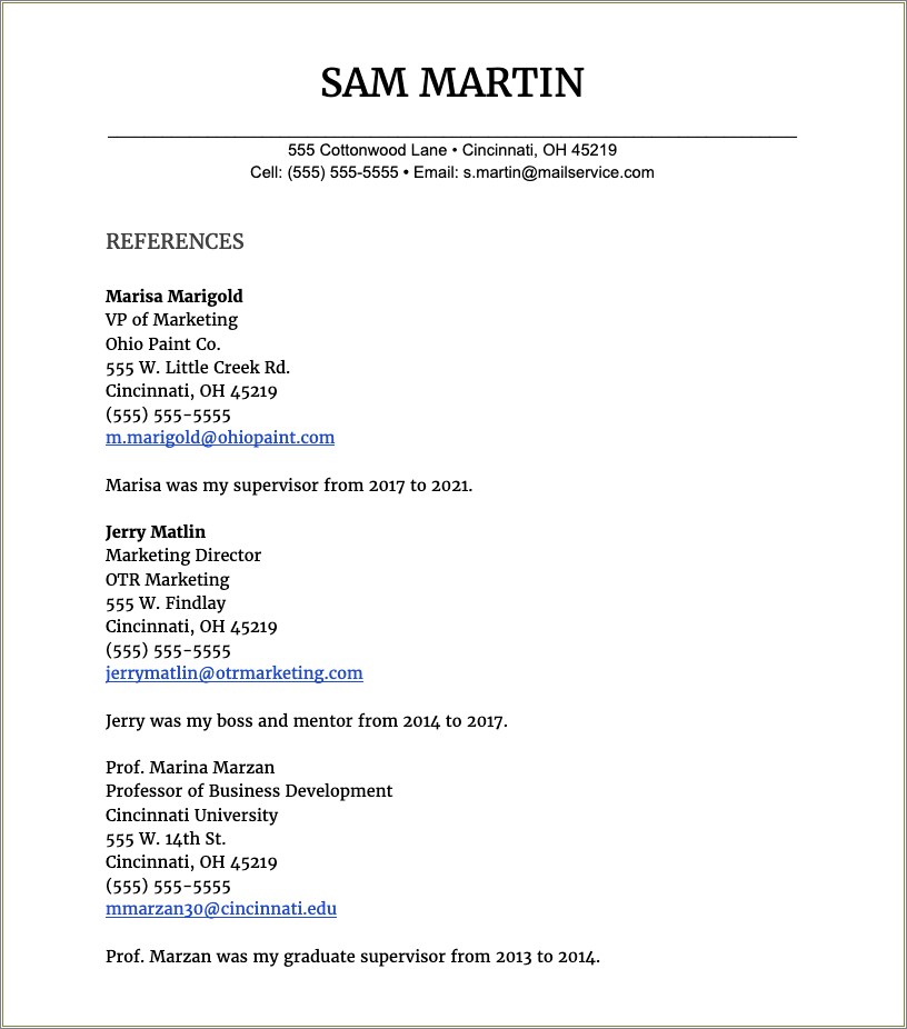 Sample Personal Reference Page For Resume