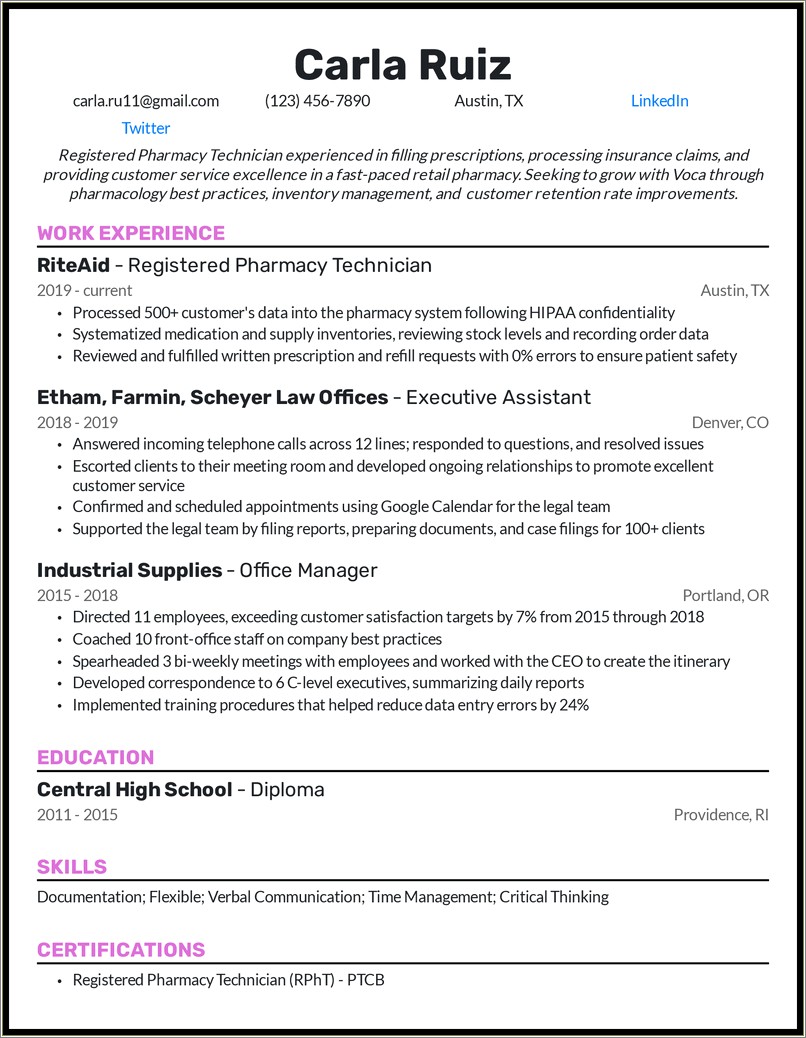 Sample Pharmacy Technician Resume Entry Level