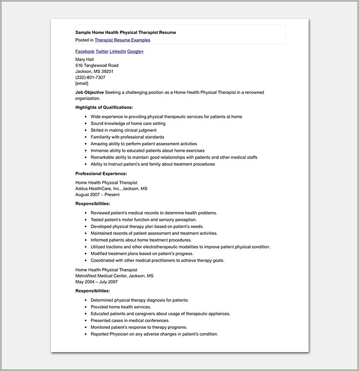 Sample Physical Therapist Home Health Resume