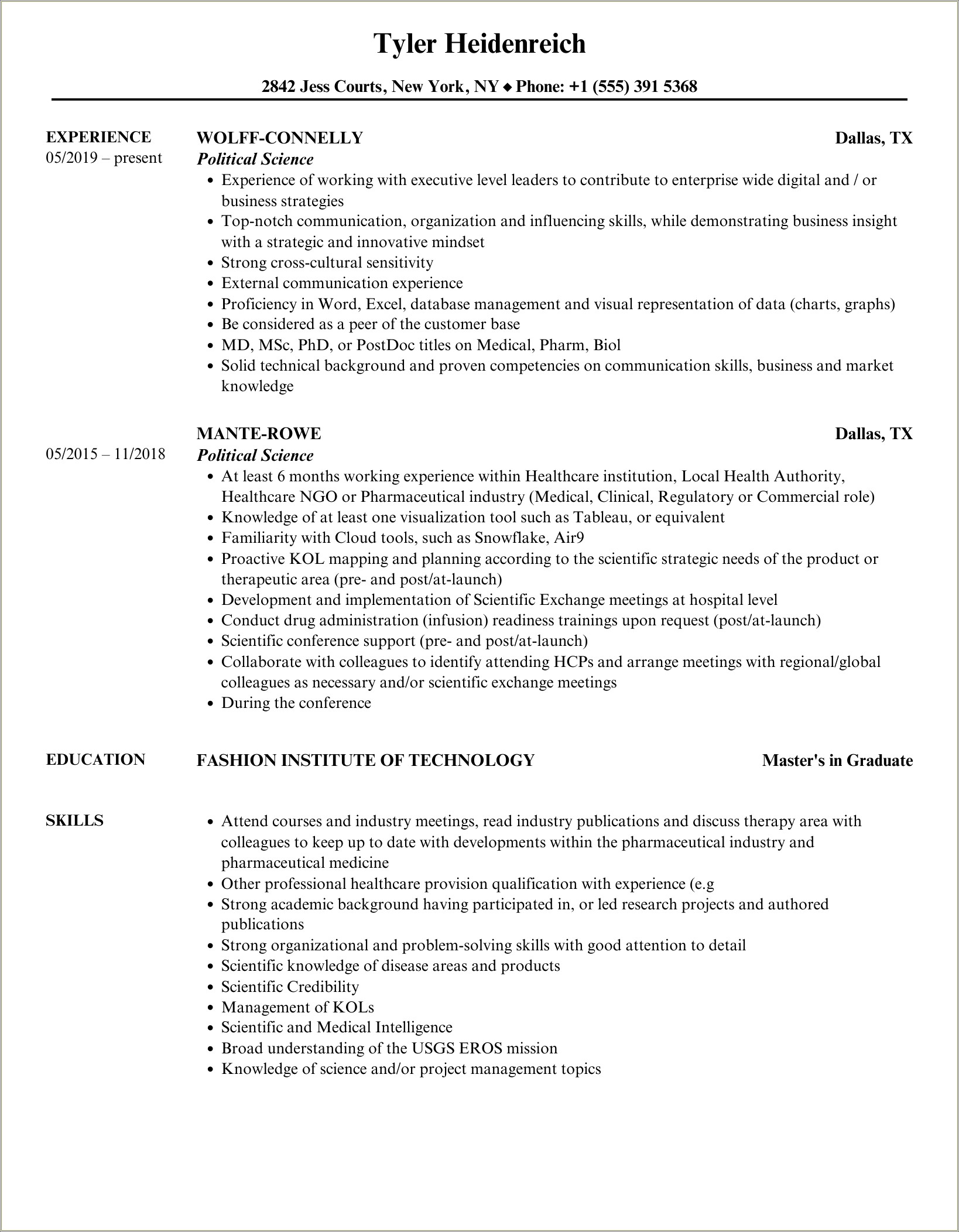 Sample Political Science Resume Wake Forest