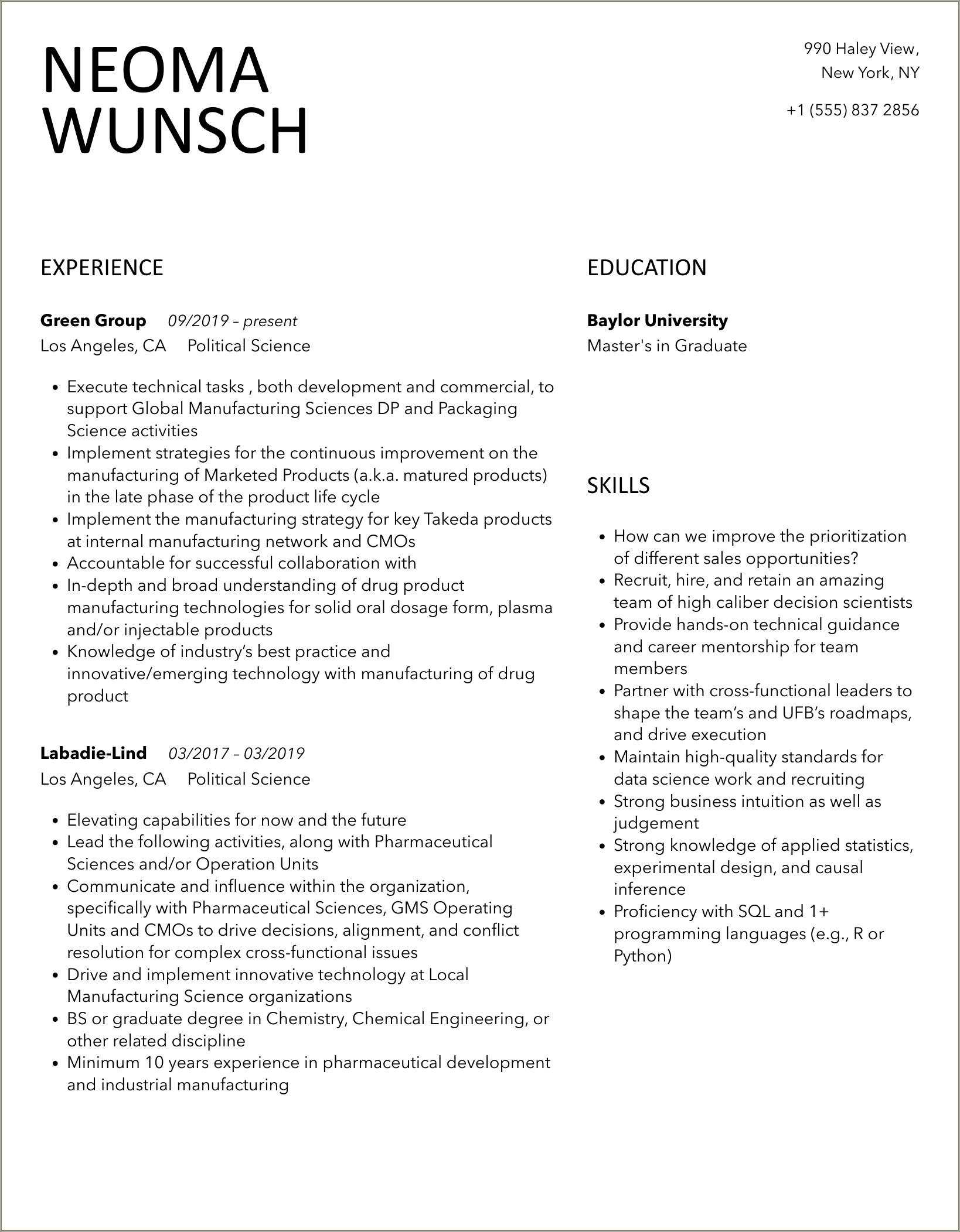 Sample Political Science Resume With Little Work Experience