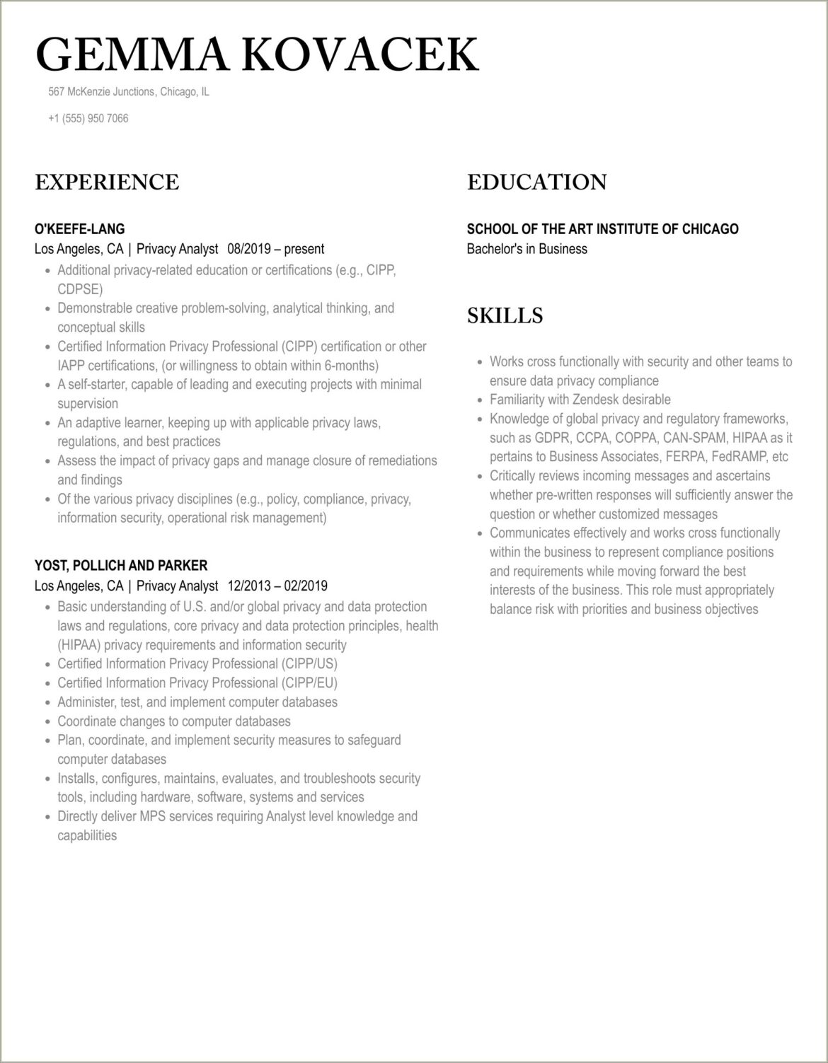 Sample Privacy Analyst Resume Medical Field