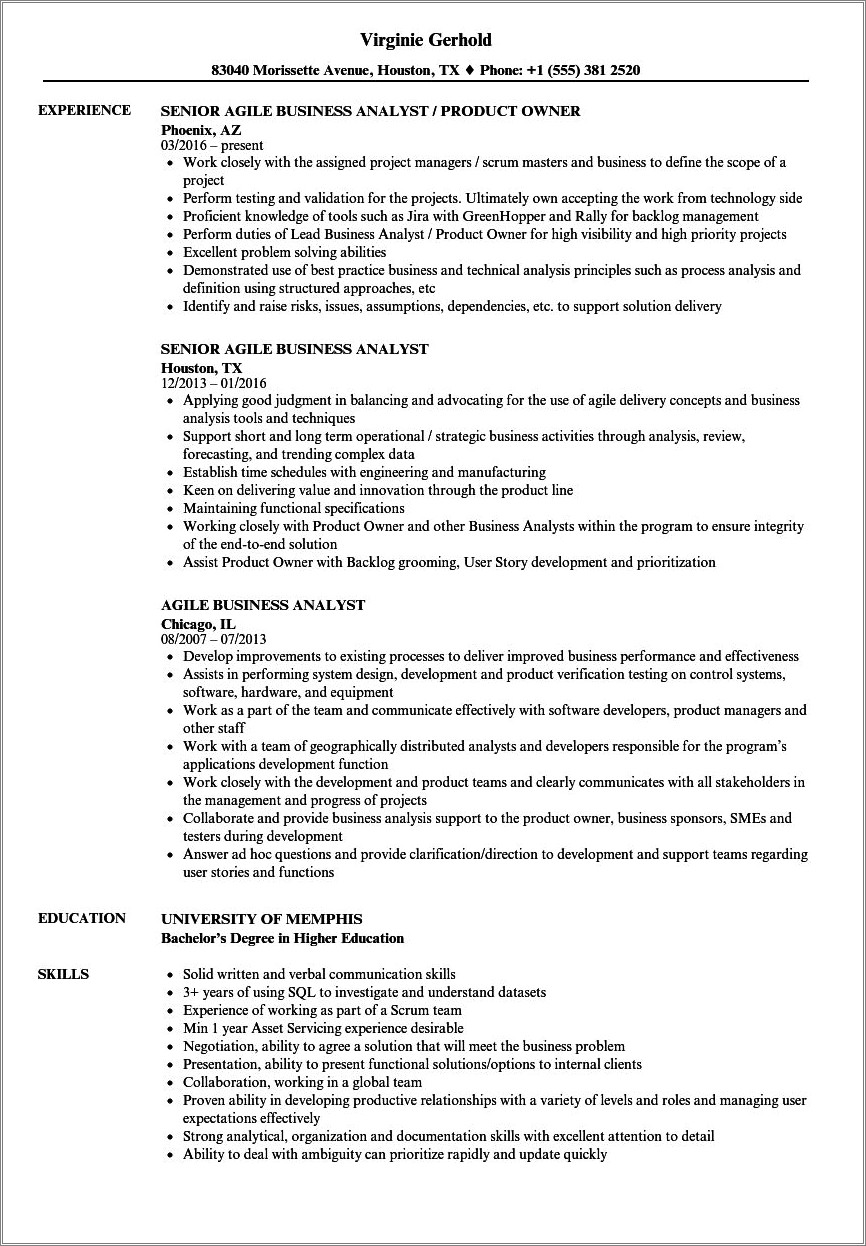 Sample Product Owner Business Analyst Resume