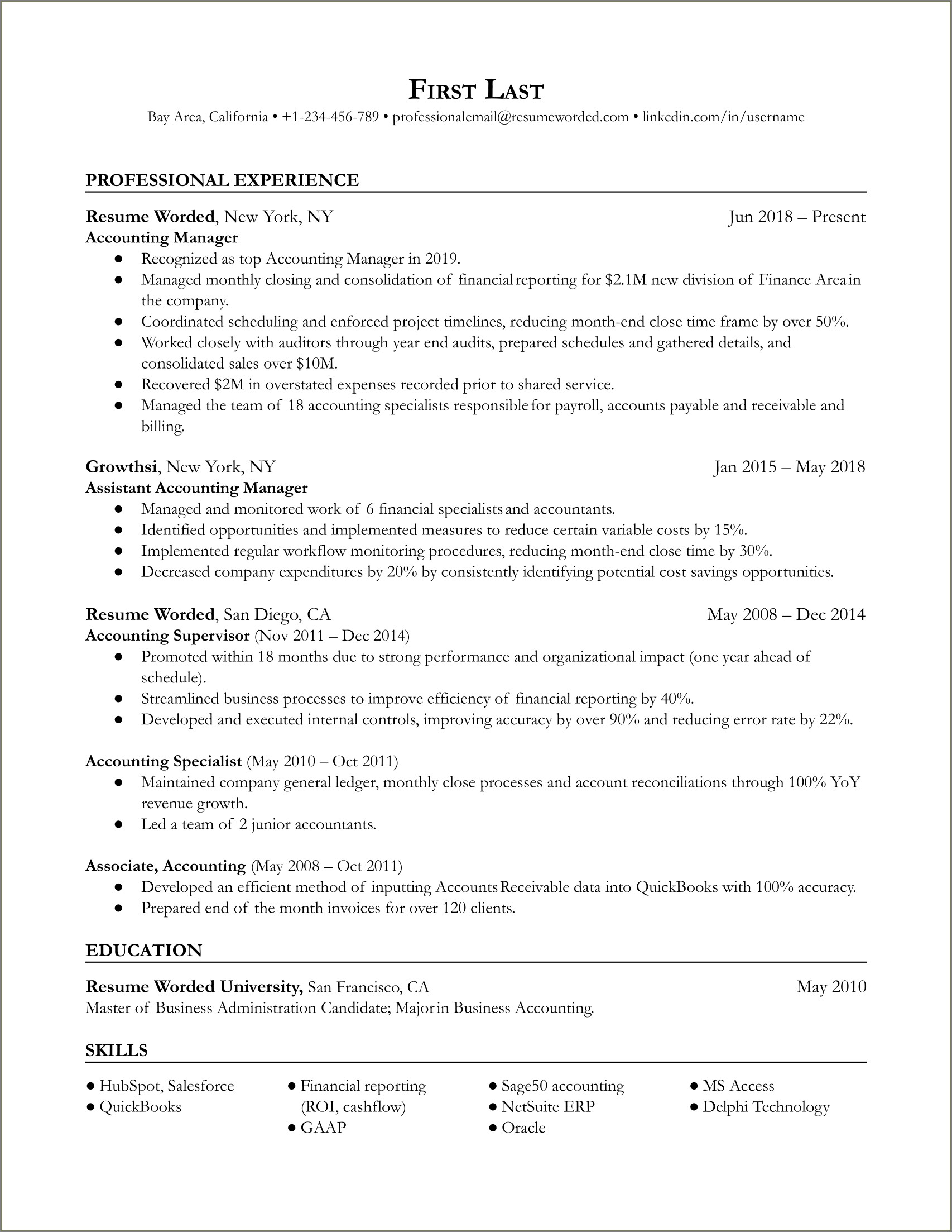 Sample Professional Resume For Cost Accountant