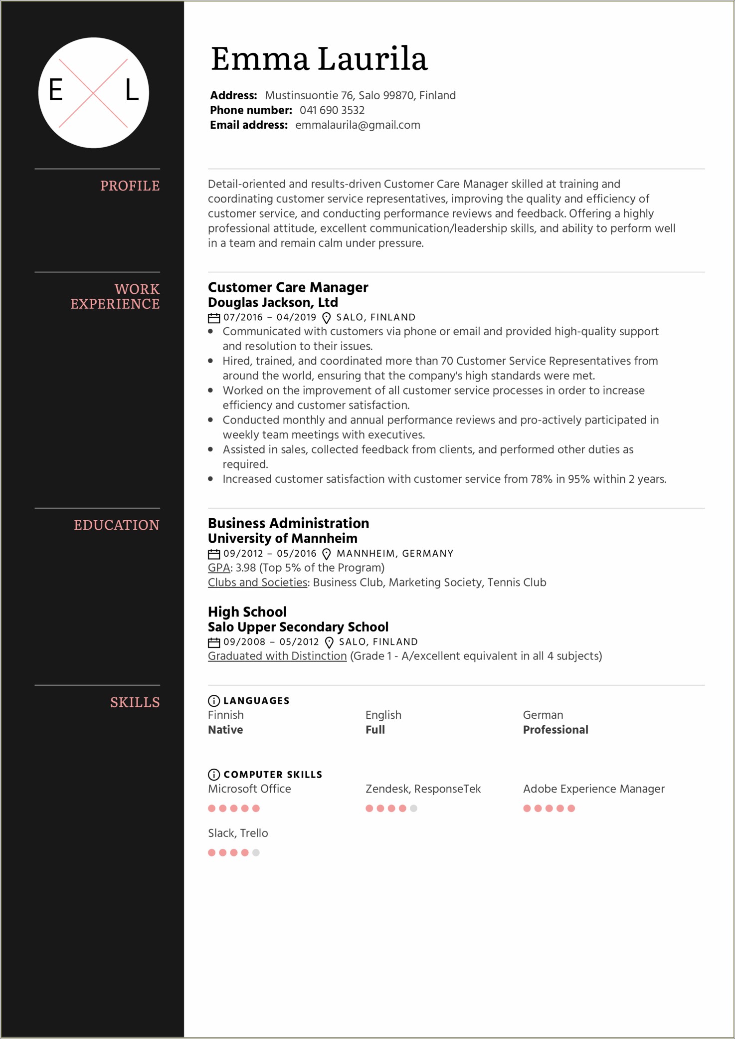 Sample Professional Resume For Customer Service