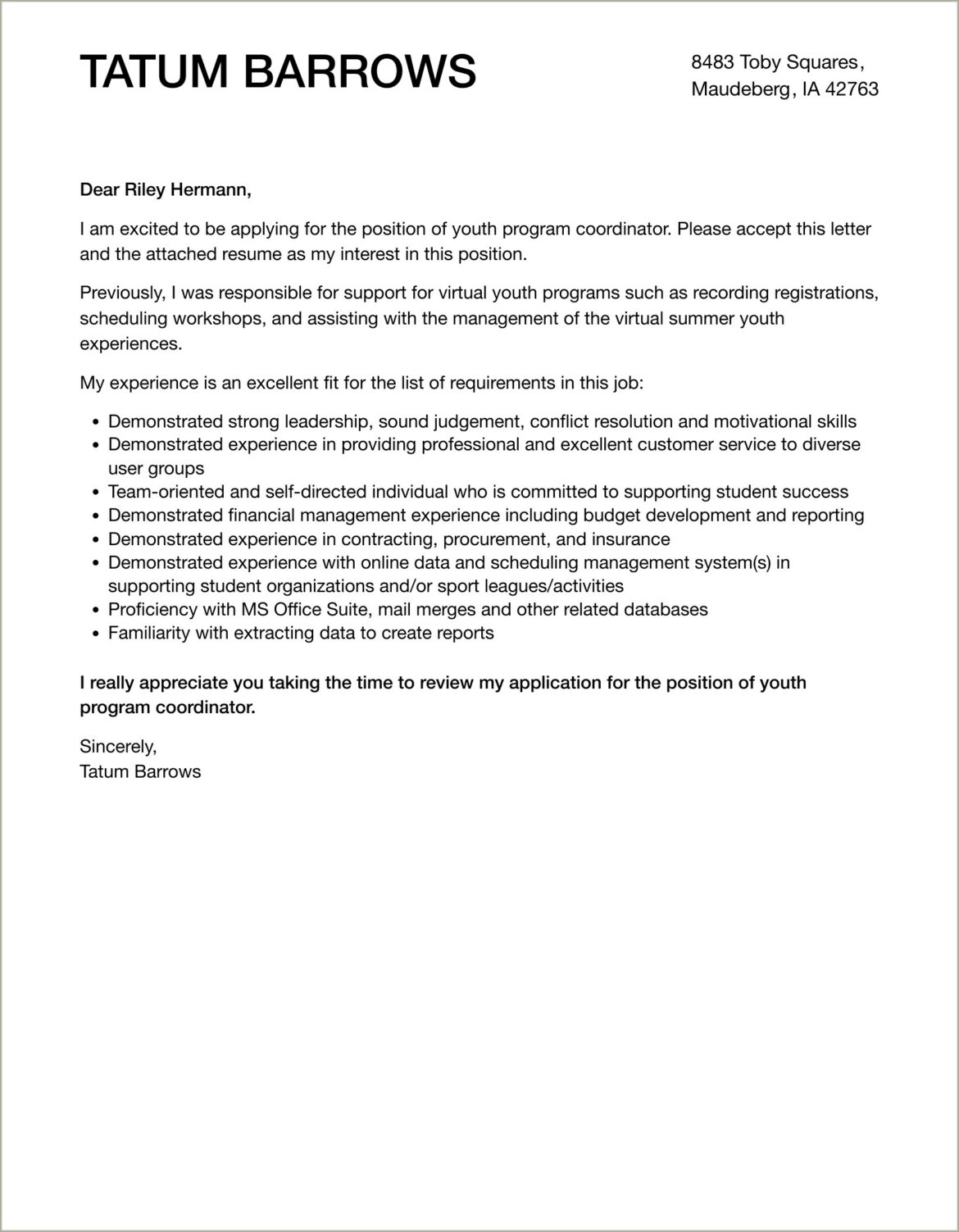 Sample Program Coordinator Resume Cover Letter