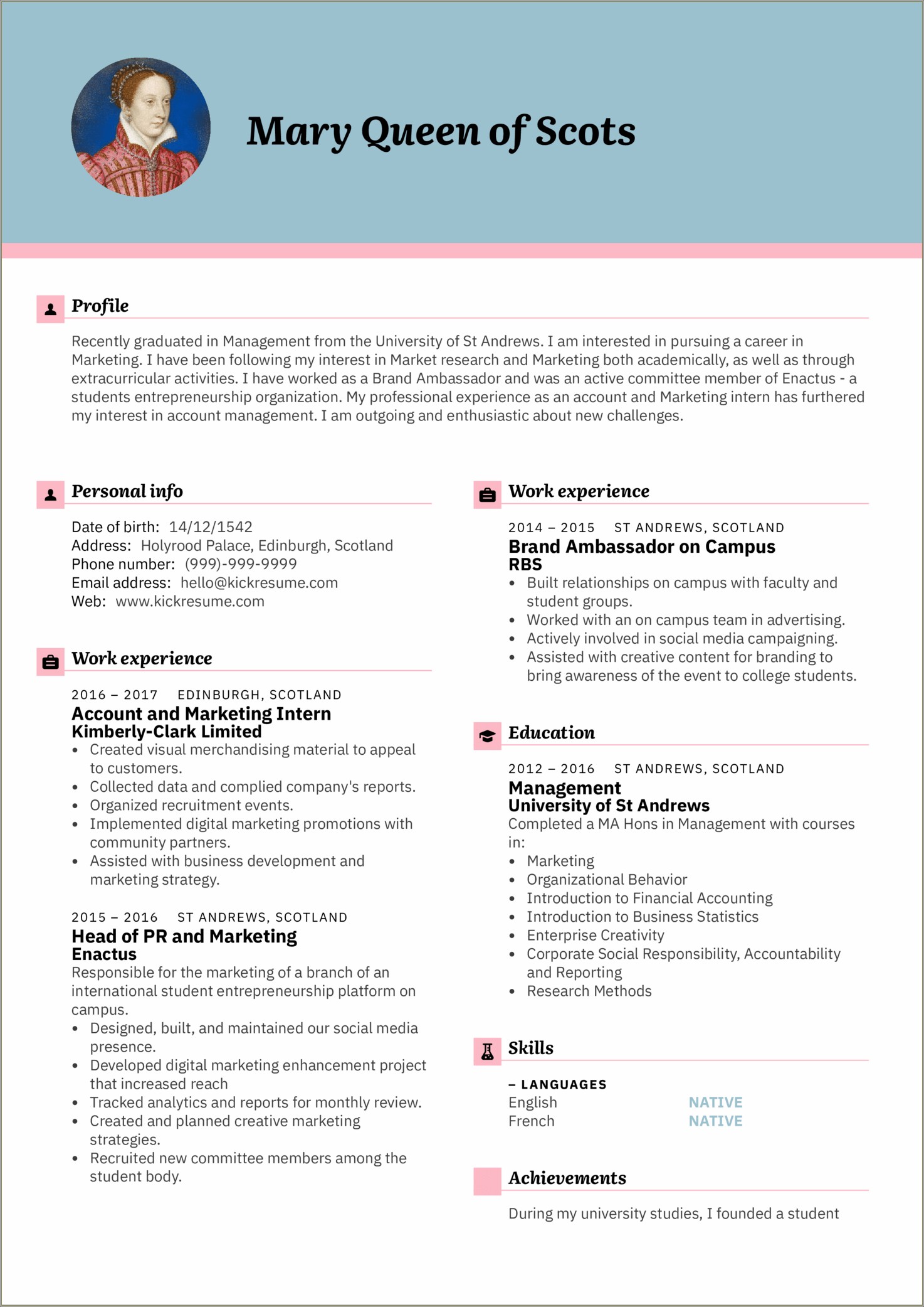 Sample Project Management College Grad Resume