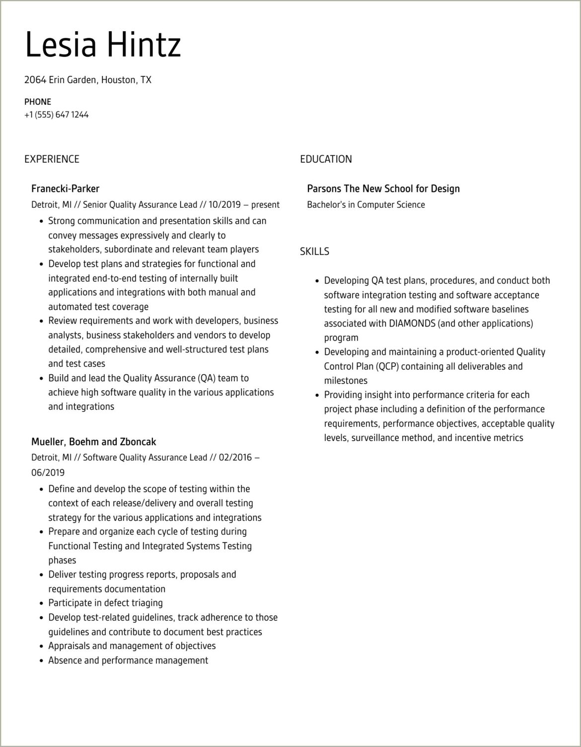 Sample Qa Leader Resume With Insurance Experience