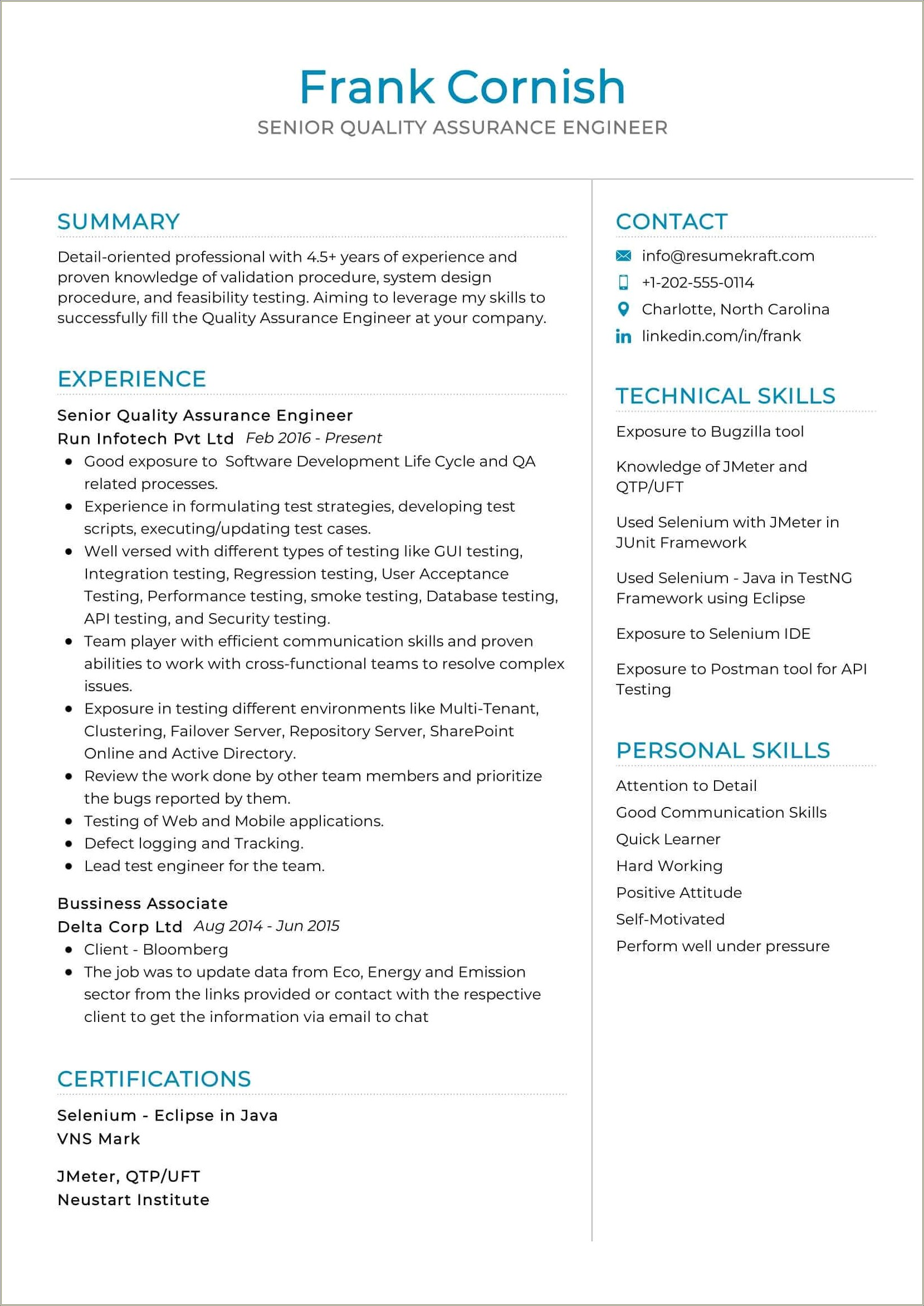 Sample Qa Resume With Qtp Experience