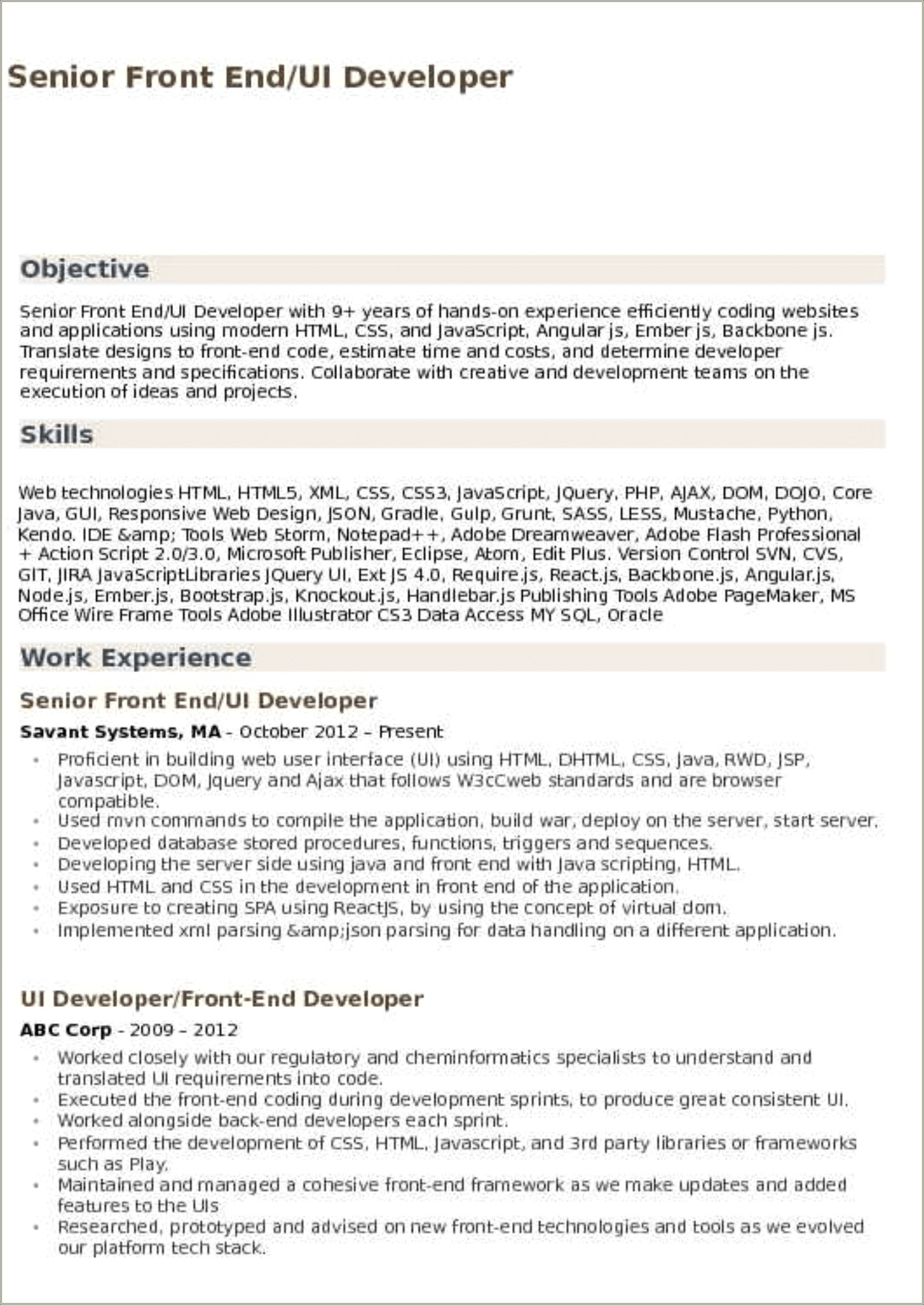 Sample Resume 1 Year Experience In Frontend