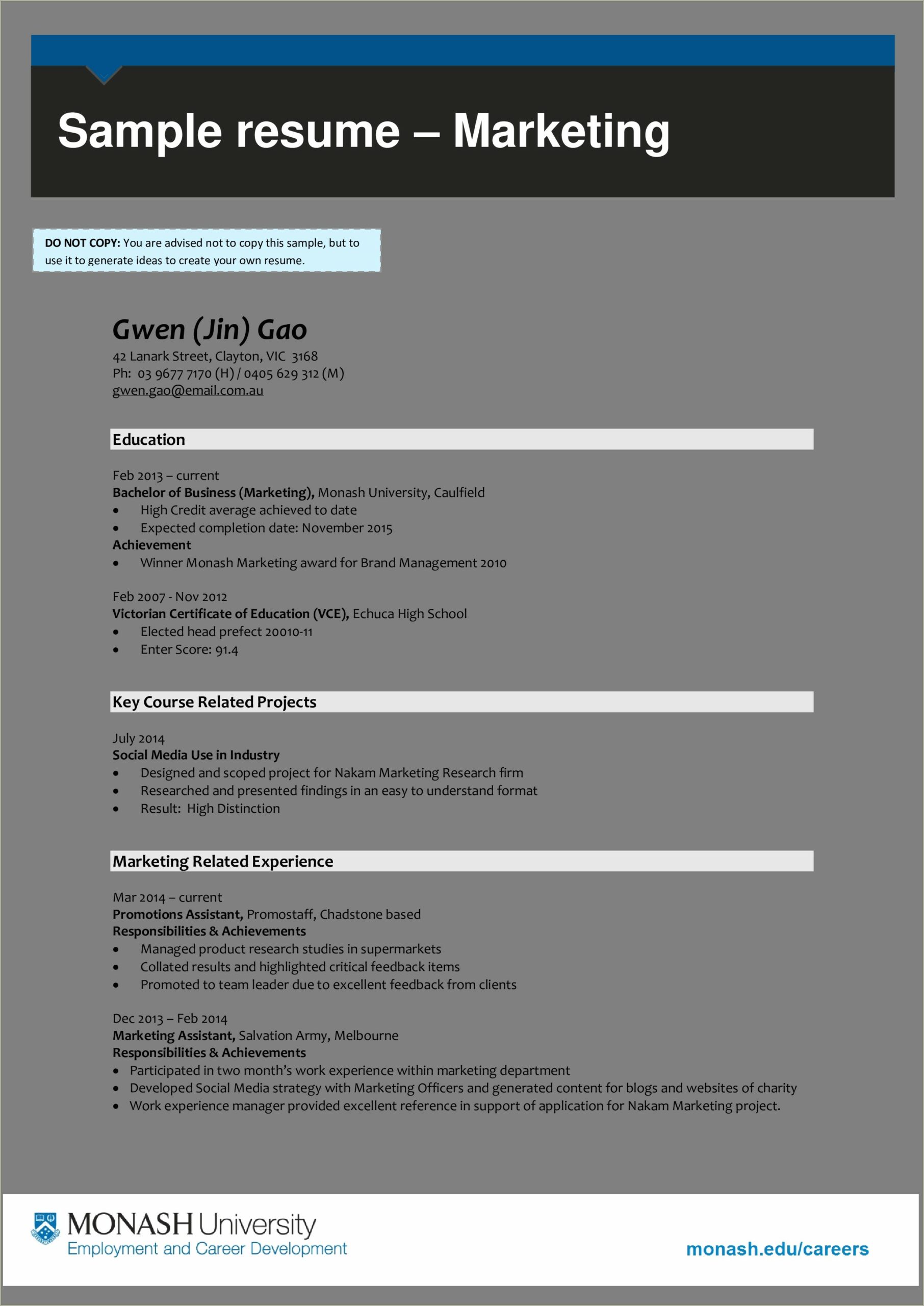 Sample Resume Achievement For Marketing Manager