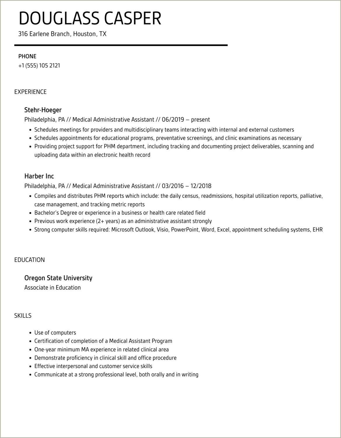 Sample Resume Administrative Assistant Doctors Office