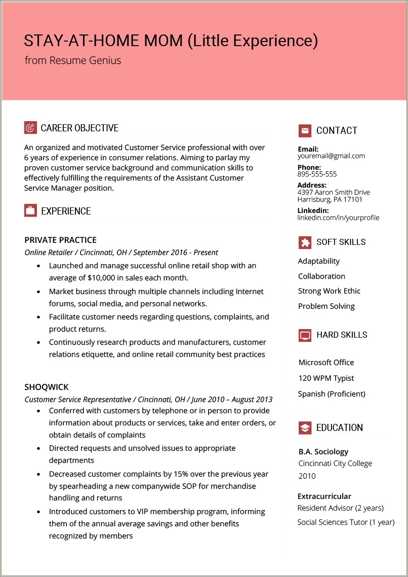 Sample Resume After Stay At Home Mom