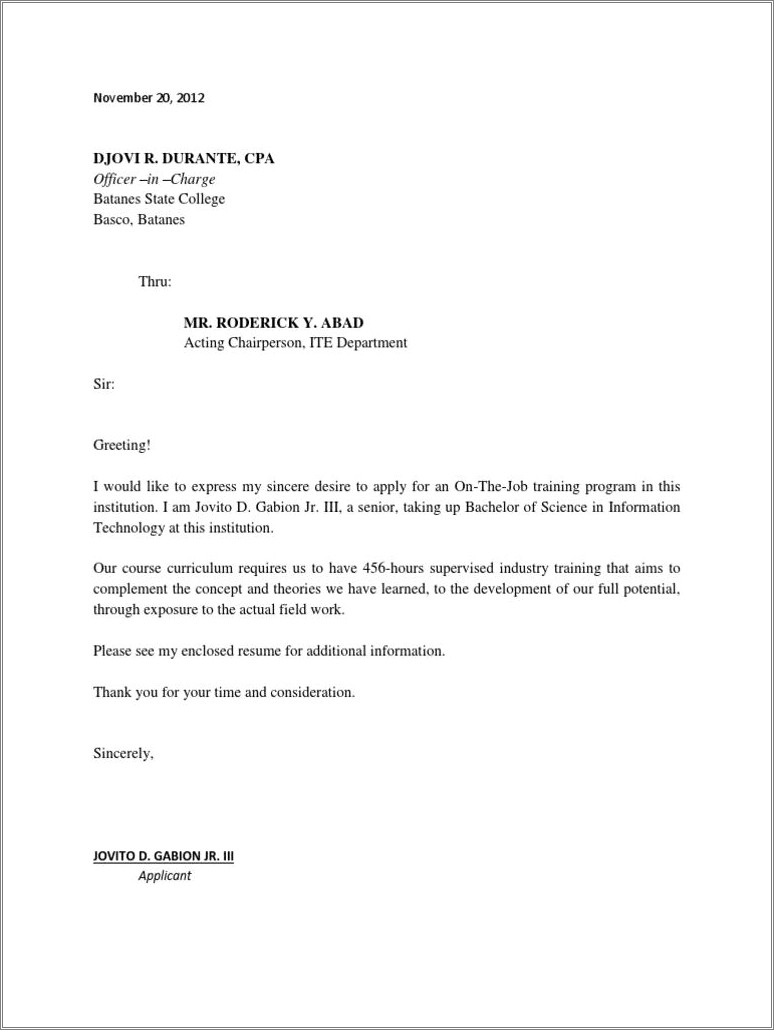 Sample Resume And Application Letter For Ojt