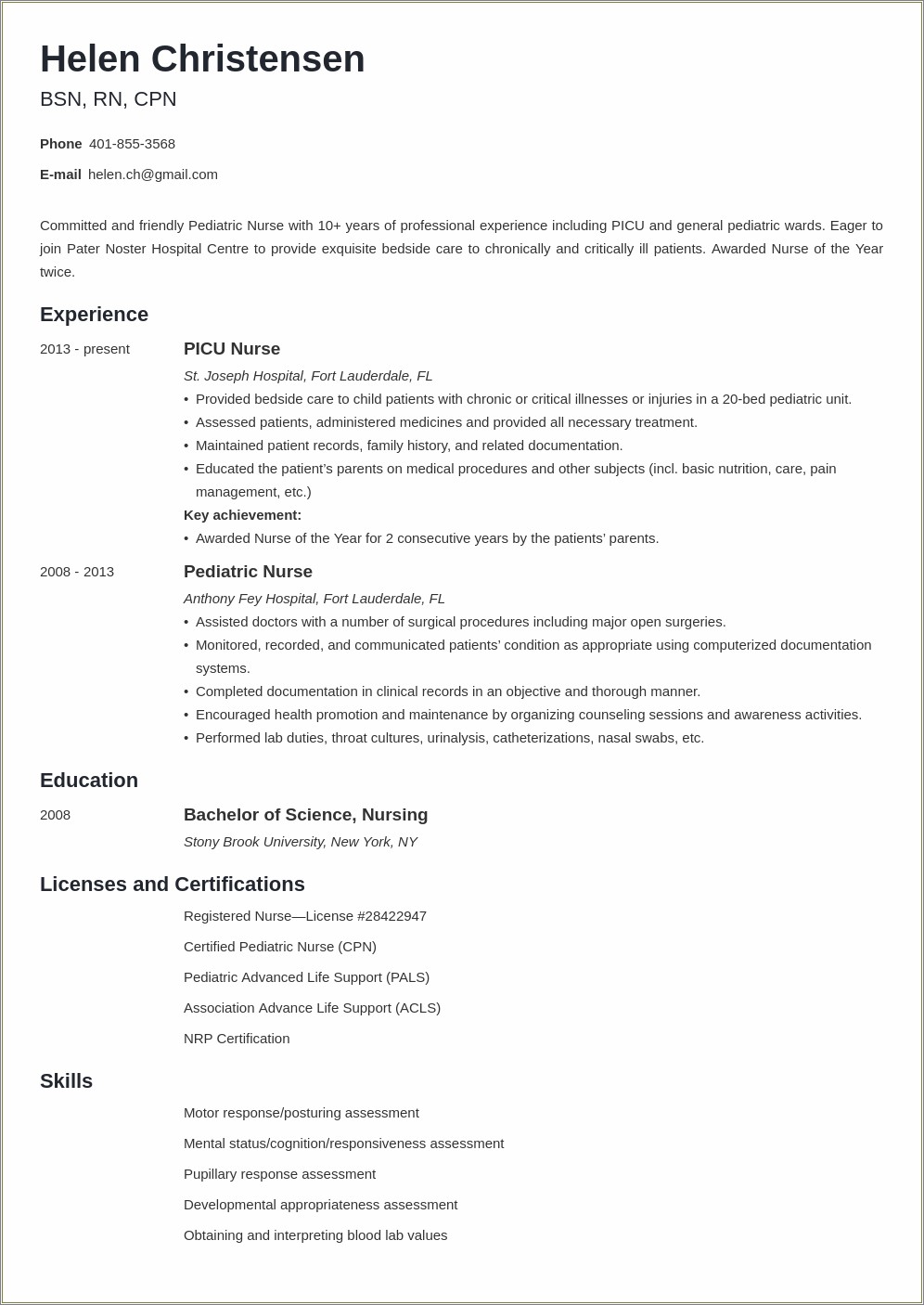 Sample Resume And Cover Letter For Pediatrician