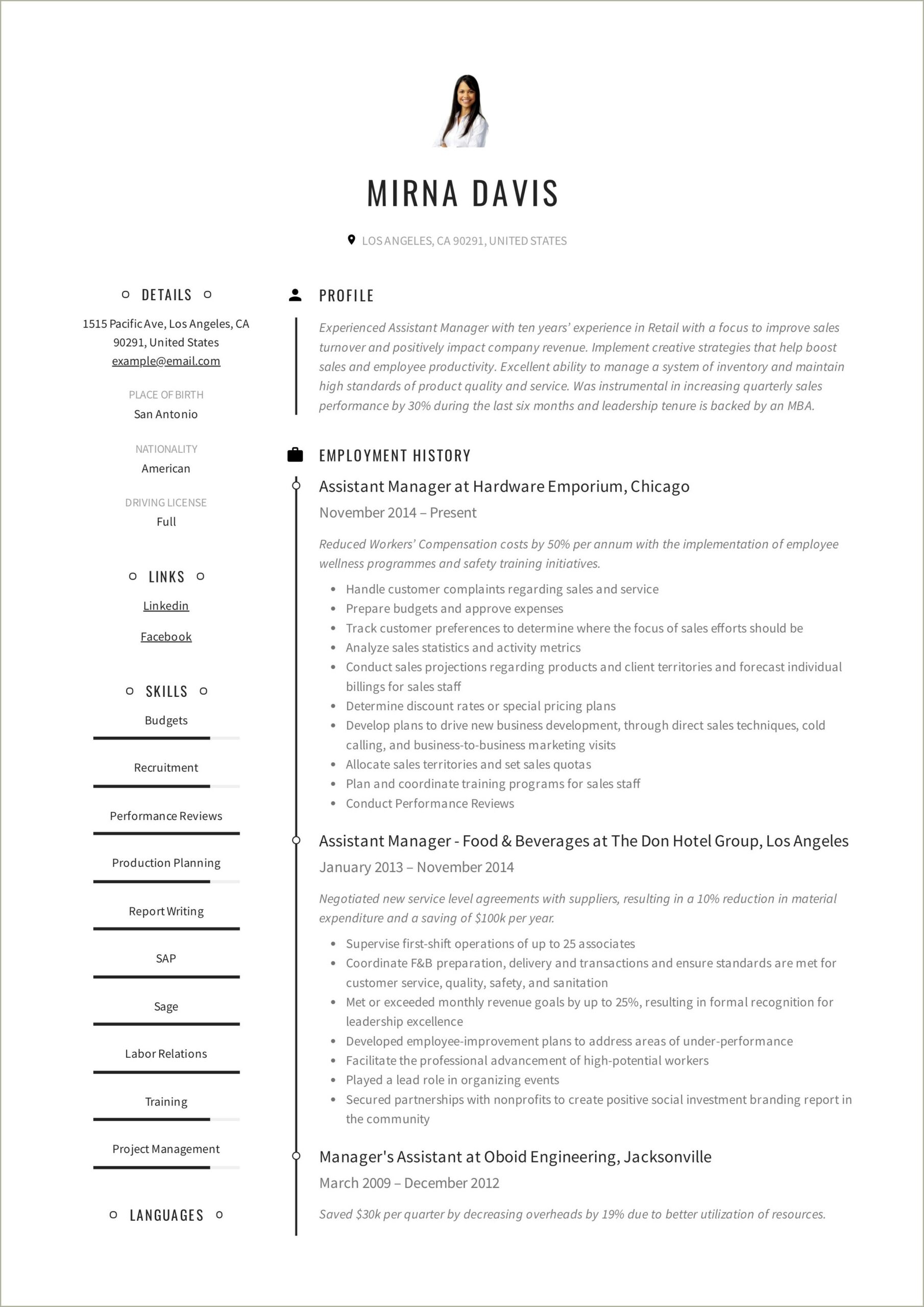 Sample Resume Assistant Manager Finance &
