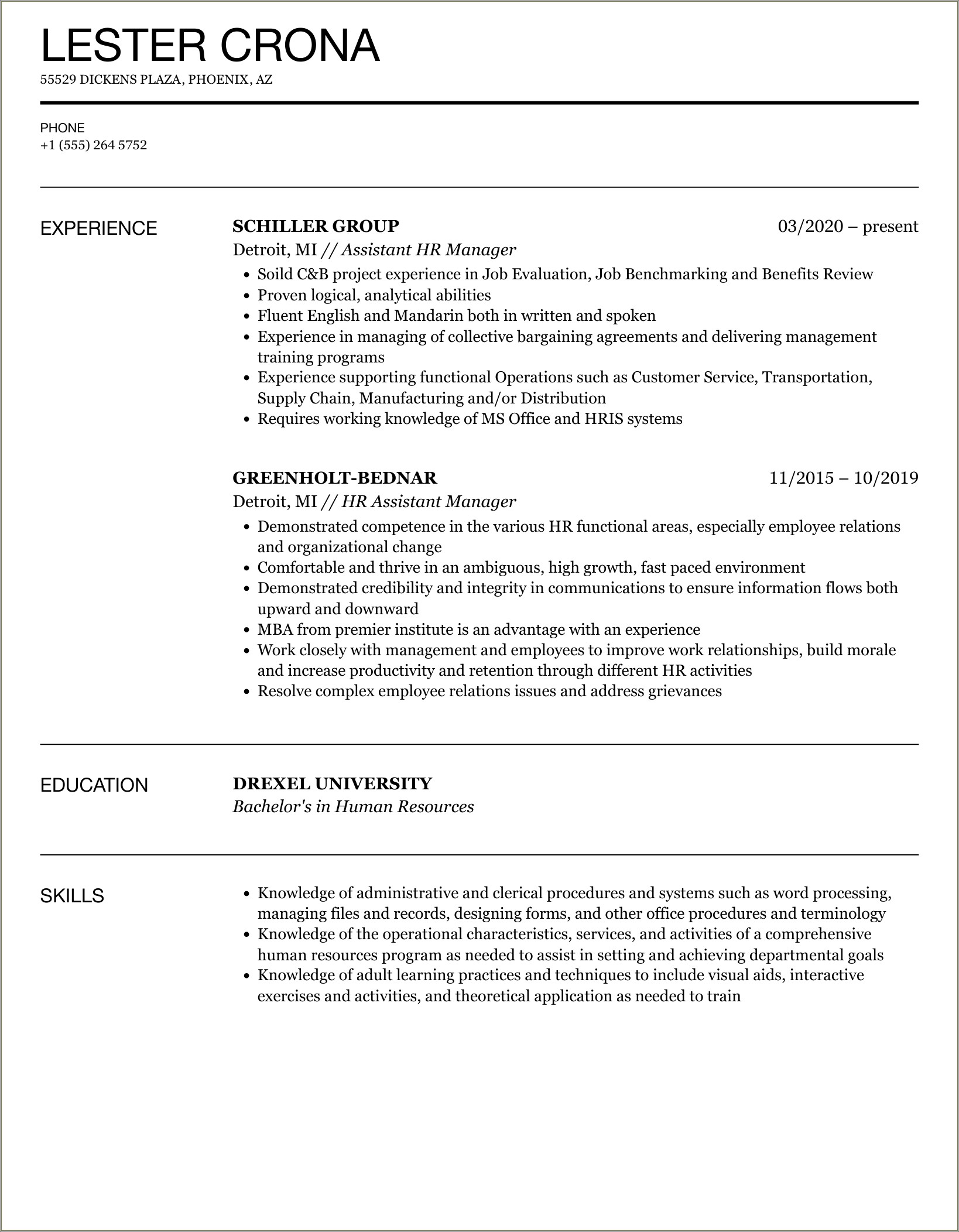 Sample Resume Assistant Manager Hr Operations
