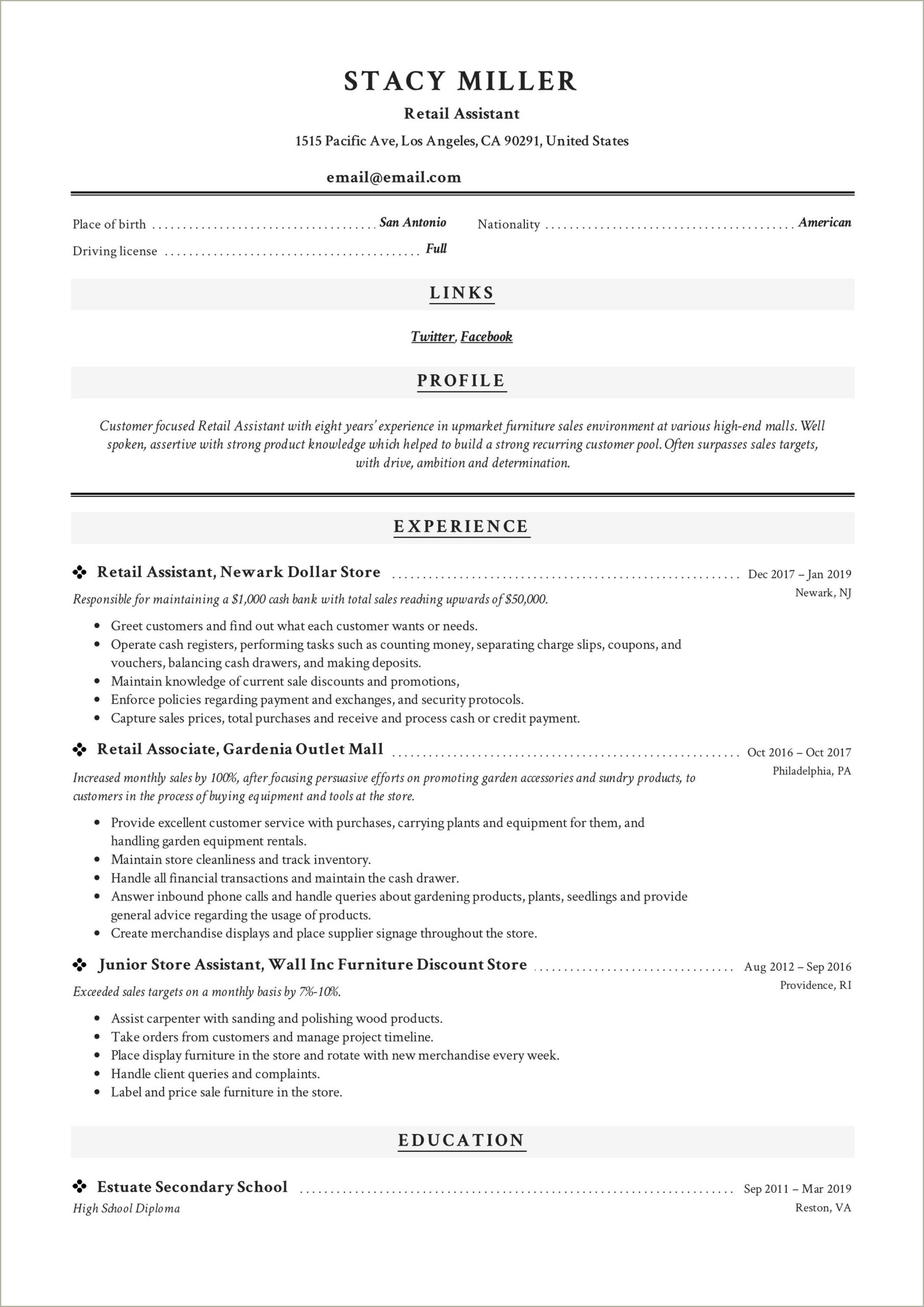 Sample Resume Bullet Points Sales Assistant