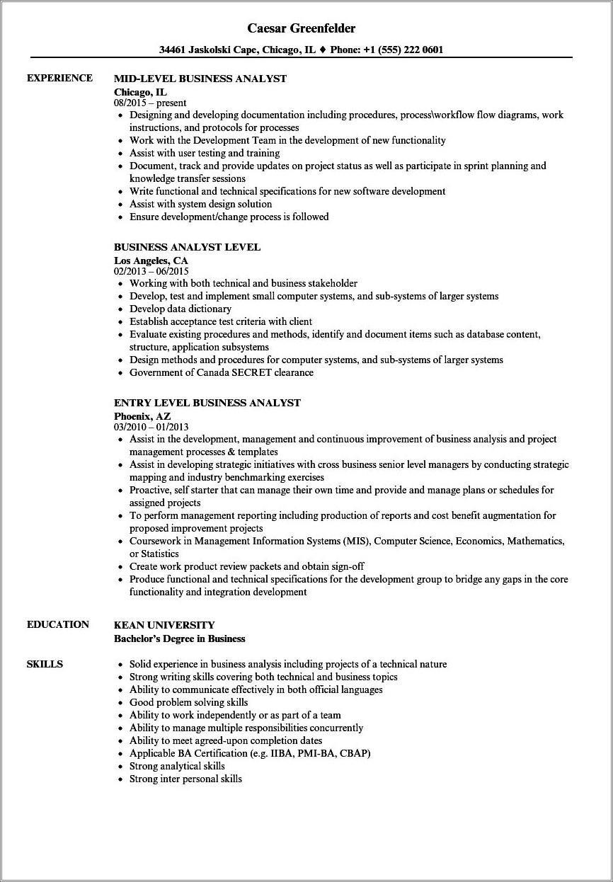 Sample Resume Business Analyst Entry Level