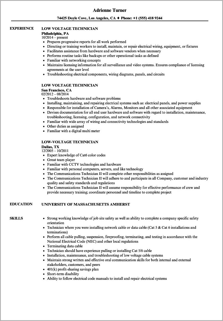 Sample Resume Cable Technician Job Objective