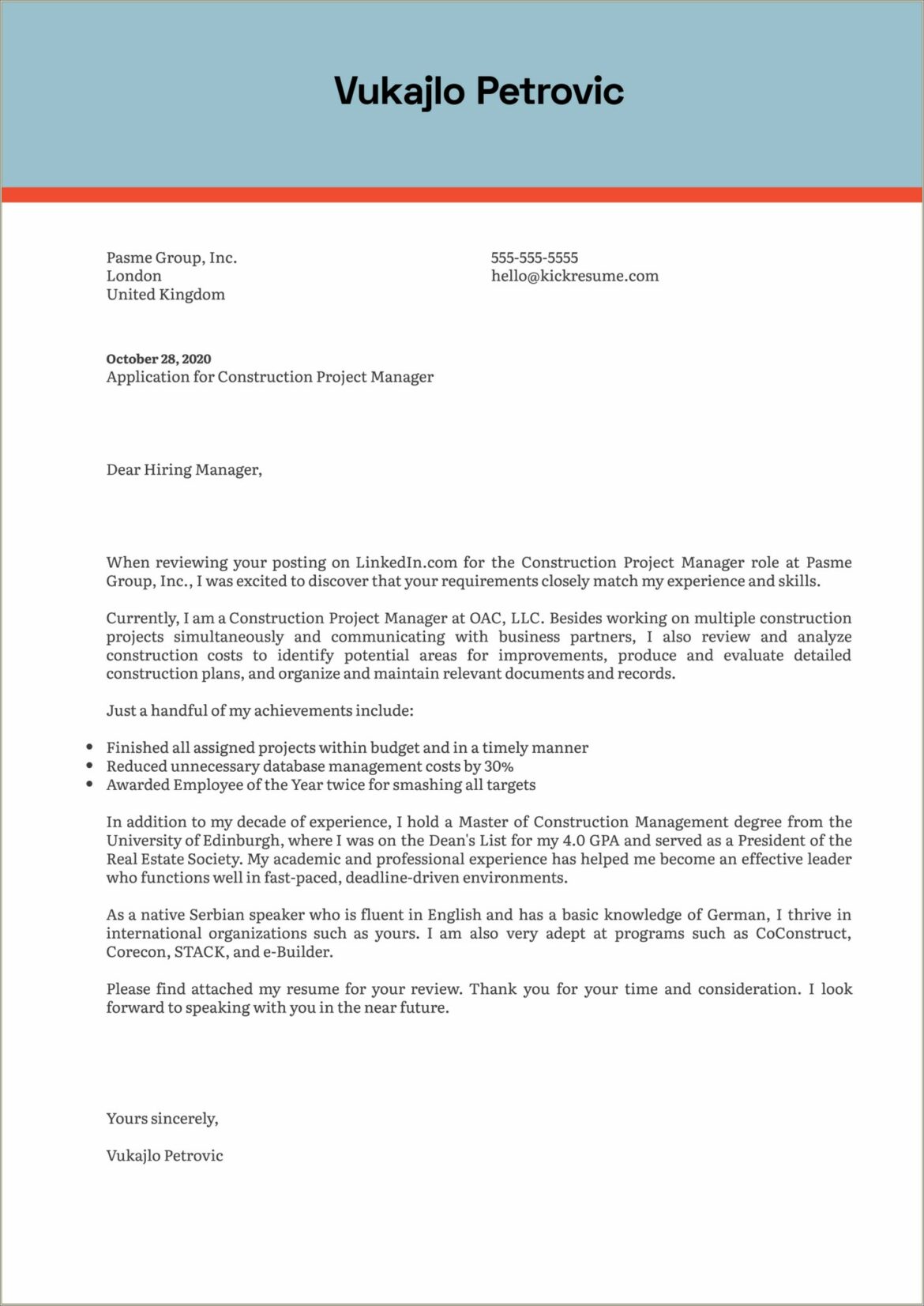 Sample Resume Cover Letter For Construction Manager