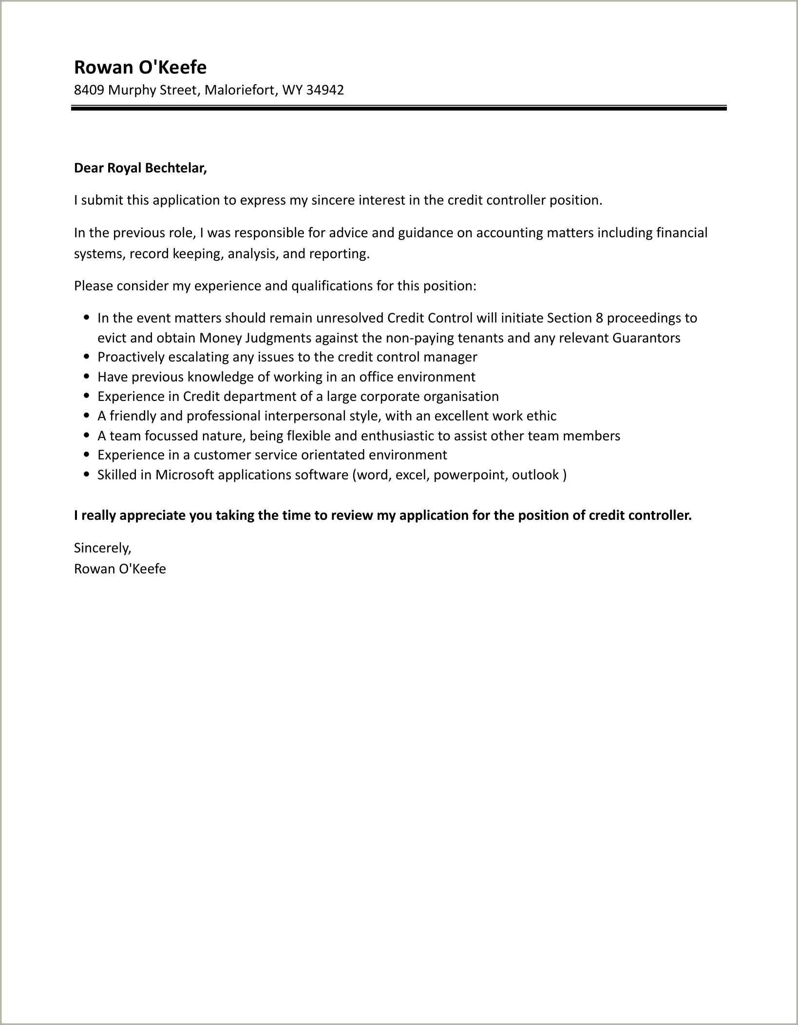 Sample Resume Cover Letter For Controller