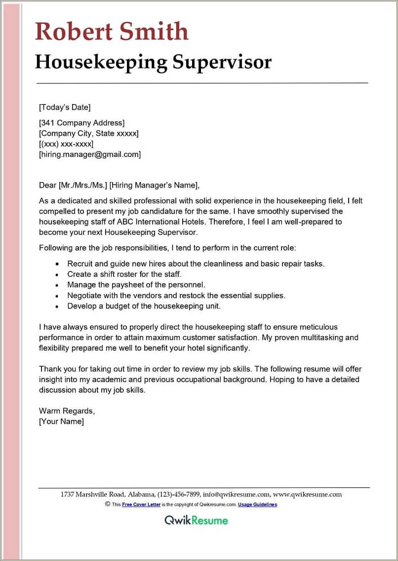 Sample Resume Cover Letter For Housekeeping