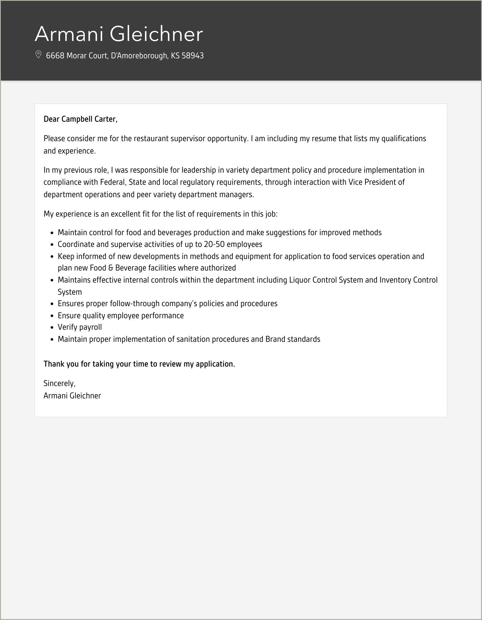 Sample Resume Cover Letter For Restaurant Manager