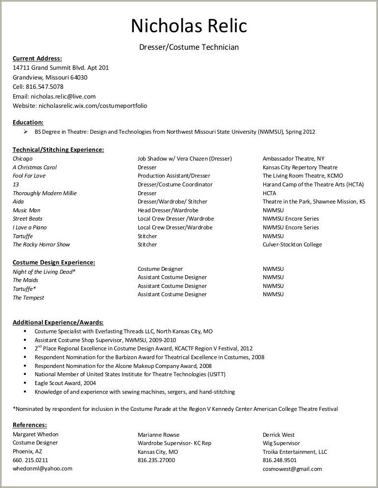 Sample Resume Dyer Painter Costumes Theater